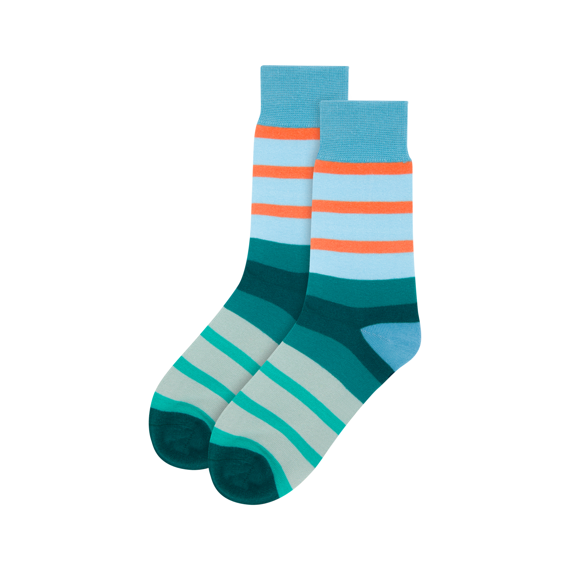Zwei Paar Socken, Größe 41-46, mit bunten Streifen in Türkis, Orange, Grün und Grau auf weißem Hintergrund.