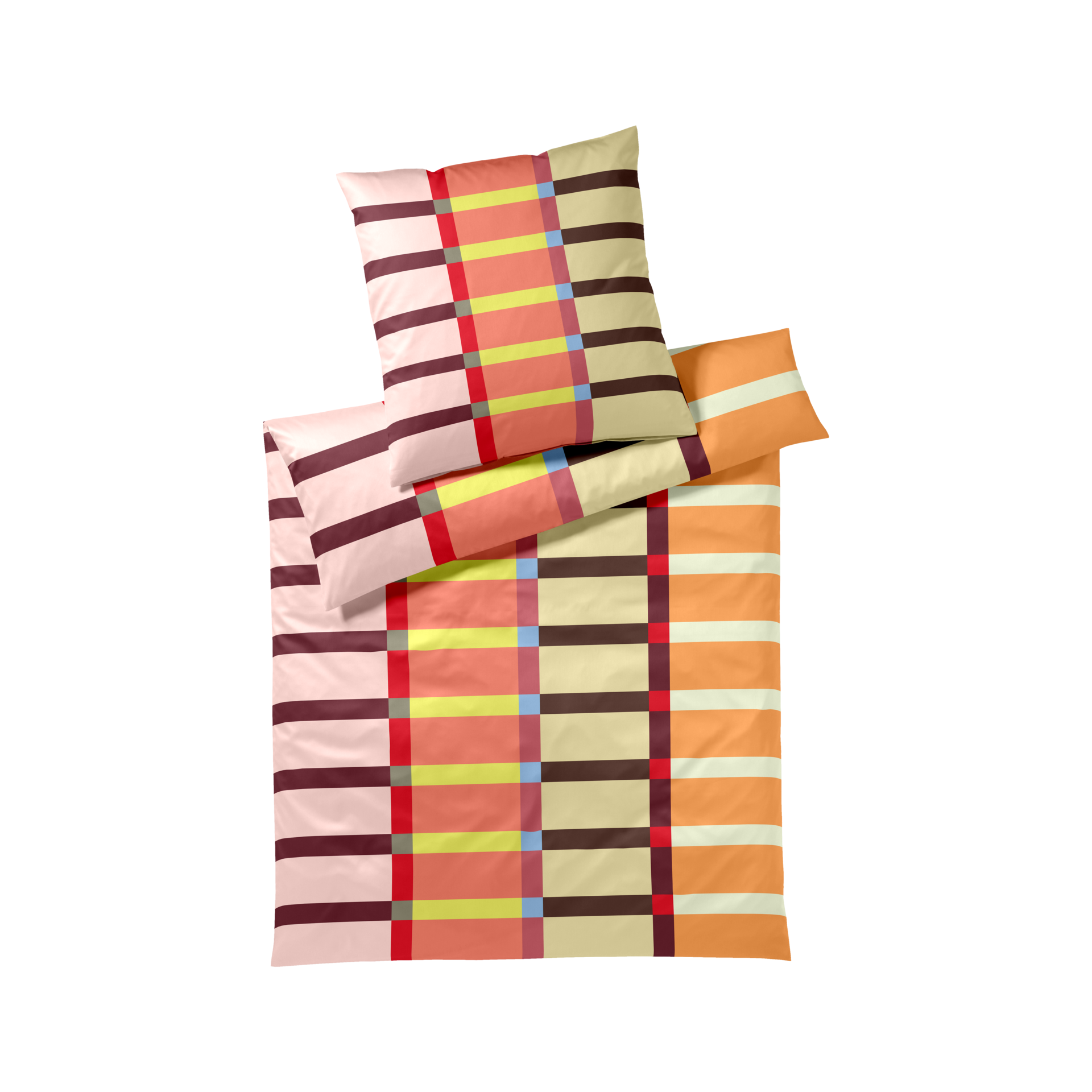 Bettwäsche 'Bari' mit geometrischem Muster in Orange, Rosa, Gelb und Braun. Kissenbezug liegt auf dem Bettbezug.