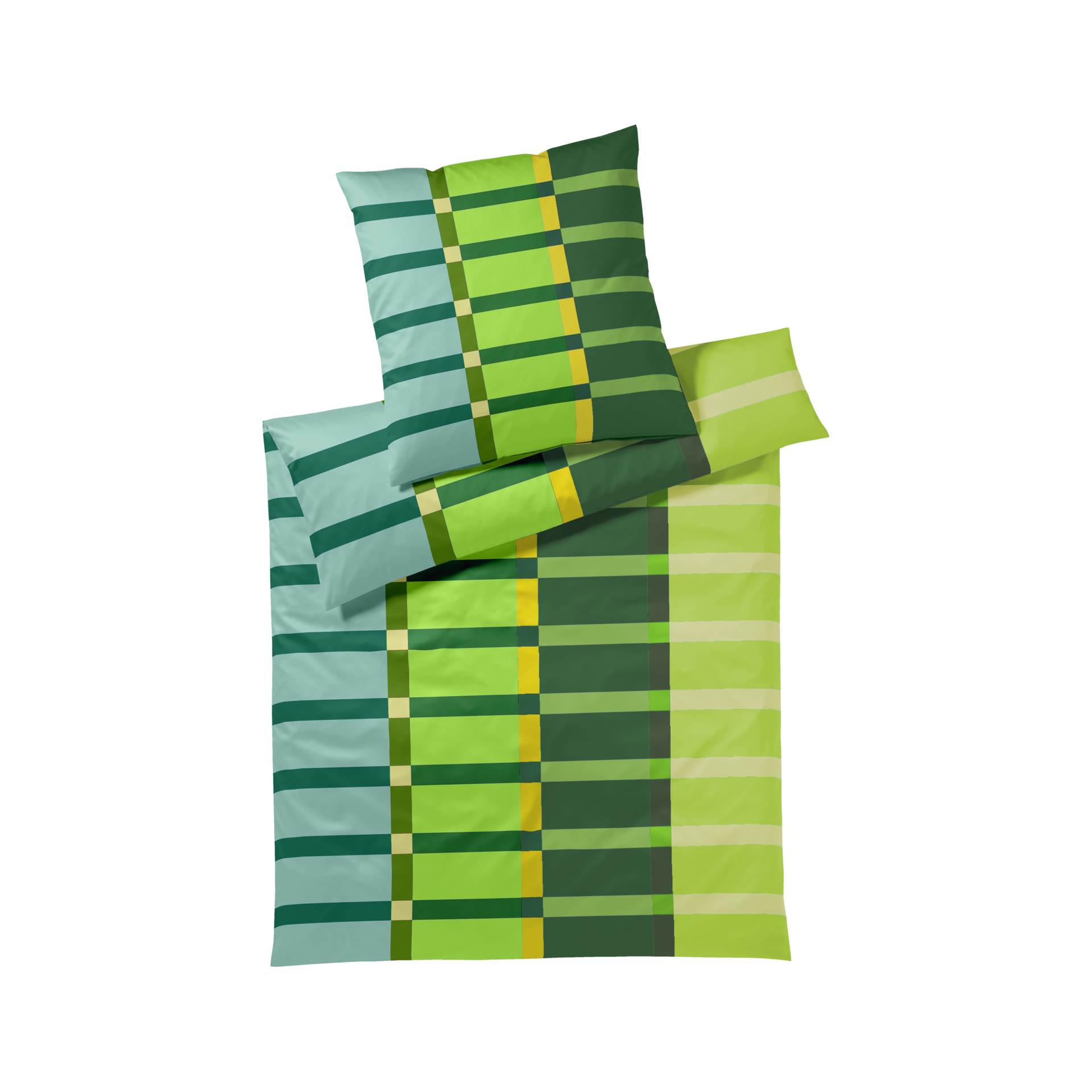 Linge de lit « Vito » au motif géométrique de larges rayures horizontales et verticales en tons de vert, bleu clair et turquoise. De fines touches jaunes structurent les motifs. Housse de couette et taies en satin Mako.