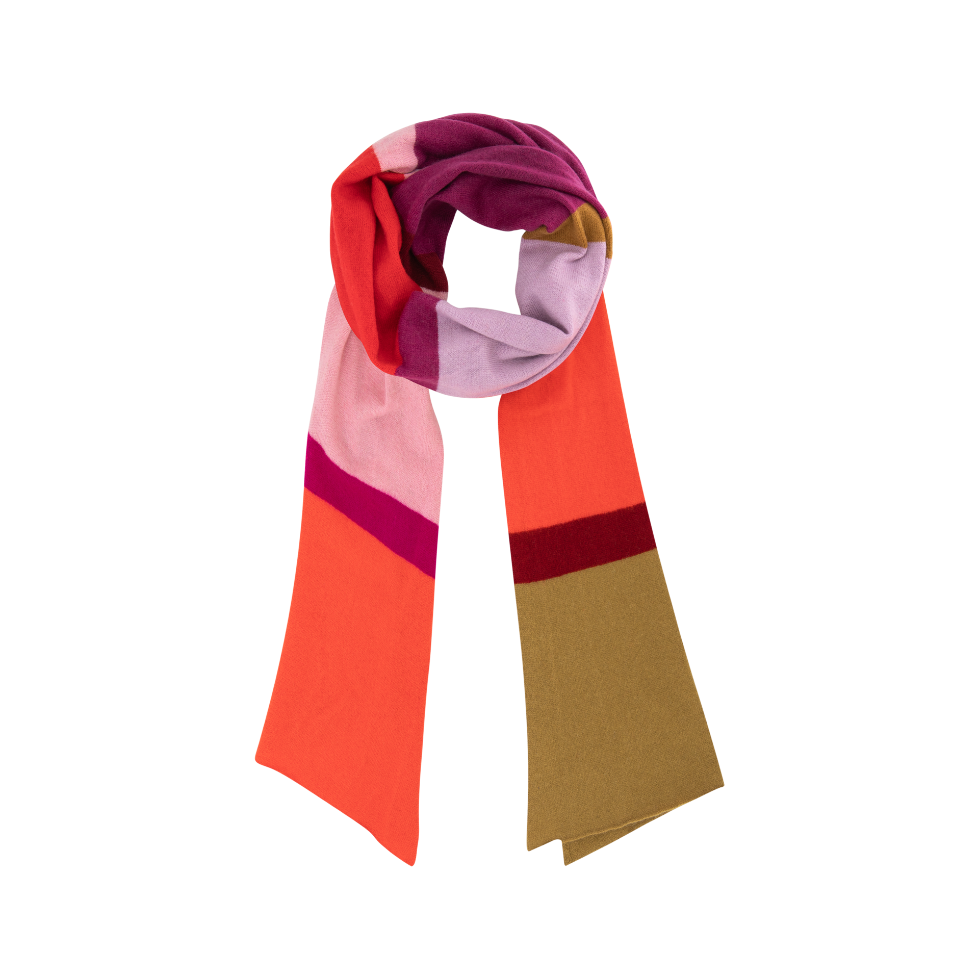 Écharpe douce en laine et cachemire, à larges rayures horizontales colorées. Du rose clair au rose vif, avec orange, rouge chaud, violet clair et vert olive. Plissée avec élégance, elle souligne un motif vivant.