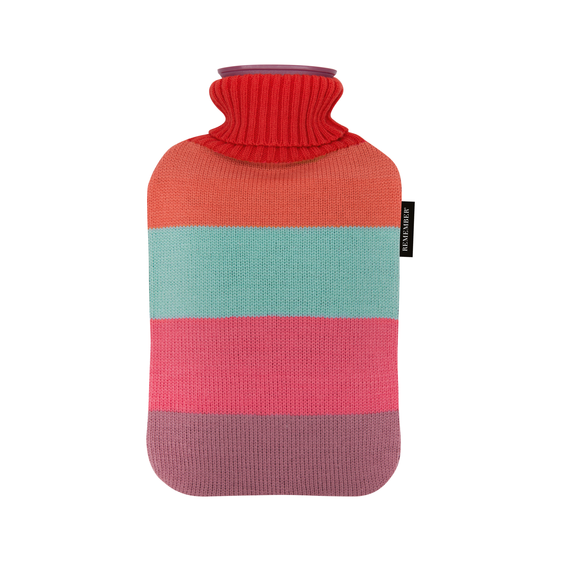 Wärmflasche 'Lilli' mit buntem, gestricktem Cover. Das Design besteht aus Streifen in Orange, Türkis, Rosa und Lila. Der Hals ist rot gestrickt.