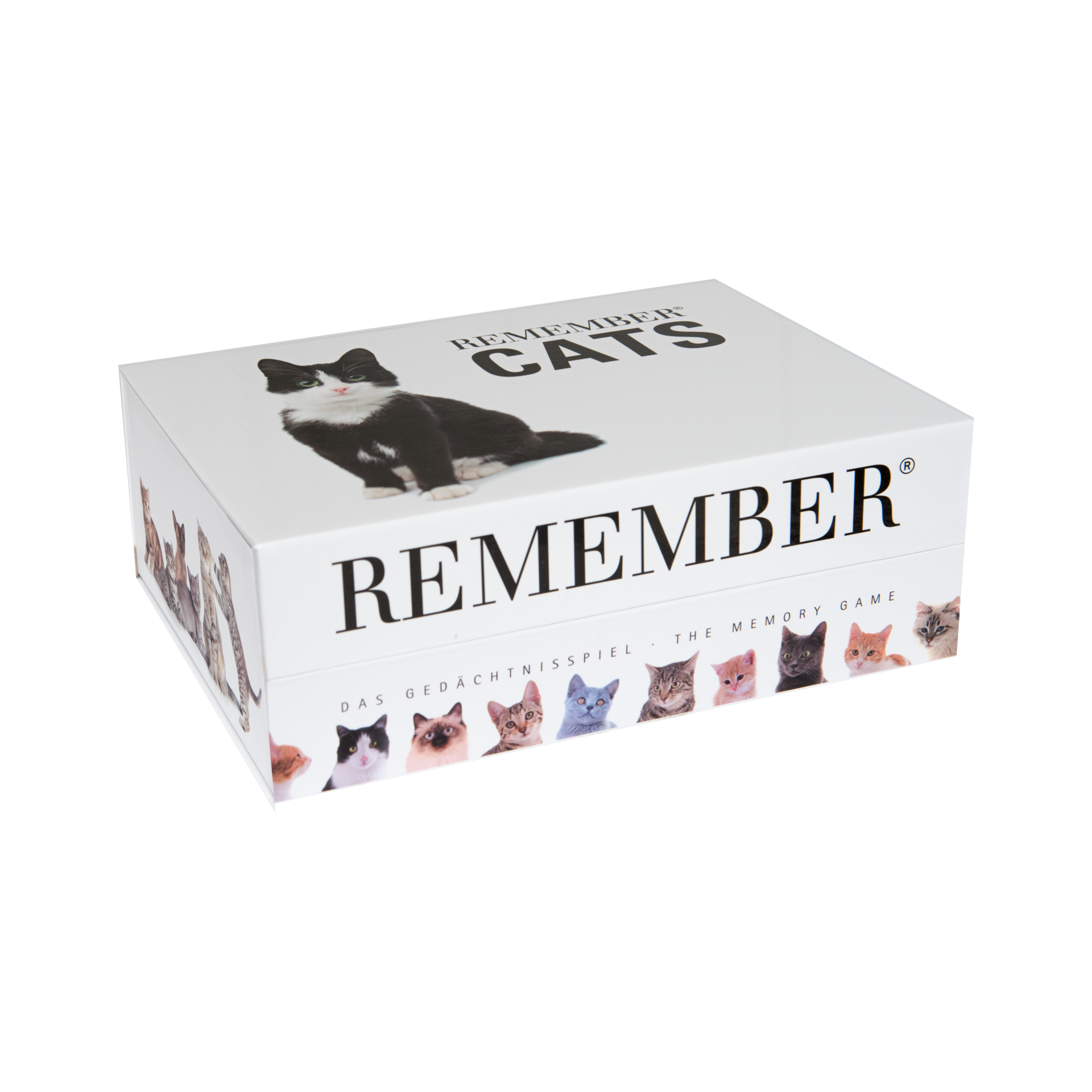 Weiße Verpackung des 'Remember Cats' Spiels, mit einer schwarz-weißen Katze auf der Oberseite. Der Schriftzug "Remember" ist groß abgebildet. An den Seiten sind Katzenfotos zu sehen.