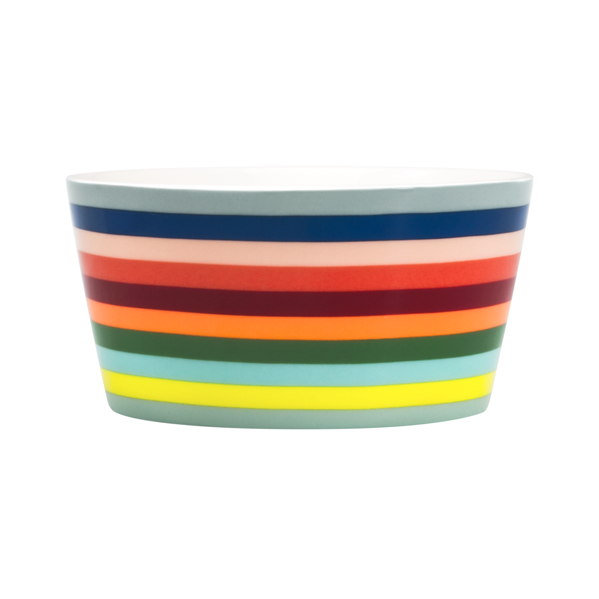 Eine Müsli Schale 'Lorenzo' aus Porzellan mit farbigen, horizontalen Streifen in Grau, Blau, Rosa, Rot, Orange, Grün und Gelb. Die Innenseite der Schale ist weiß.
