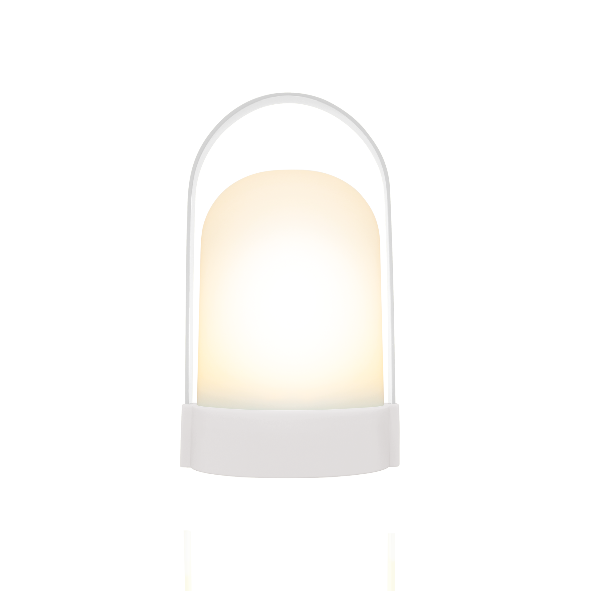 Weiße 'Pure' Leuchte URI mit Tragebügel, freigestellt. Das Licht der Lampe scheint warmweiß.
