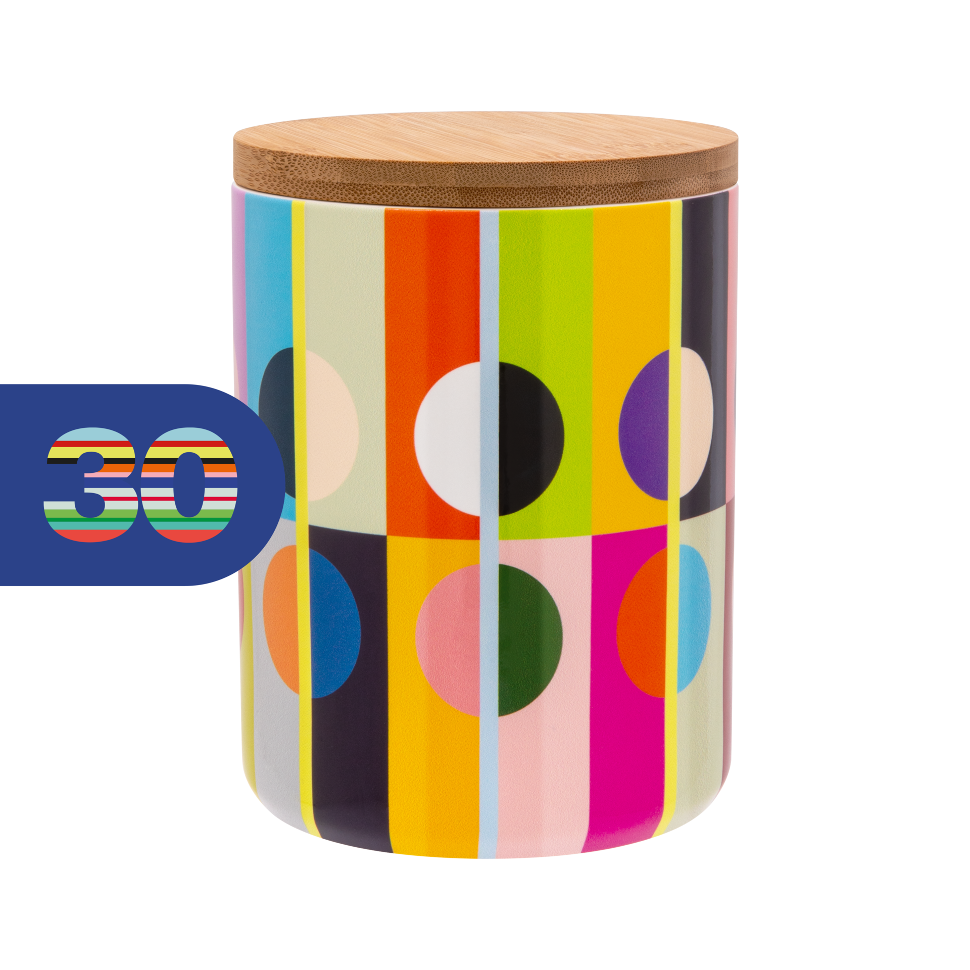 Boîte en céramique colorée avec couvercle hermétique en bambou. Forme cylindrique, motif géométrique dynamique: rayures verticales et grands cercles rouges, bleus, verts, jaunes et roses. « 30 » en haut à gauche.