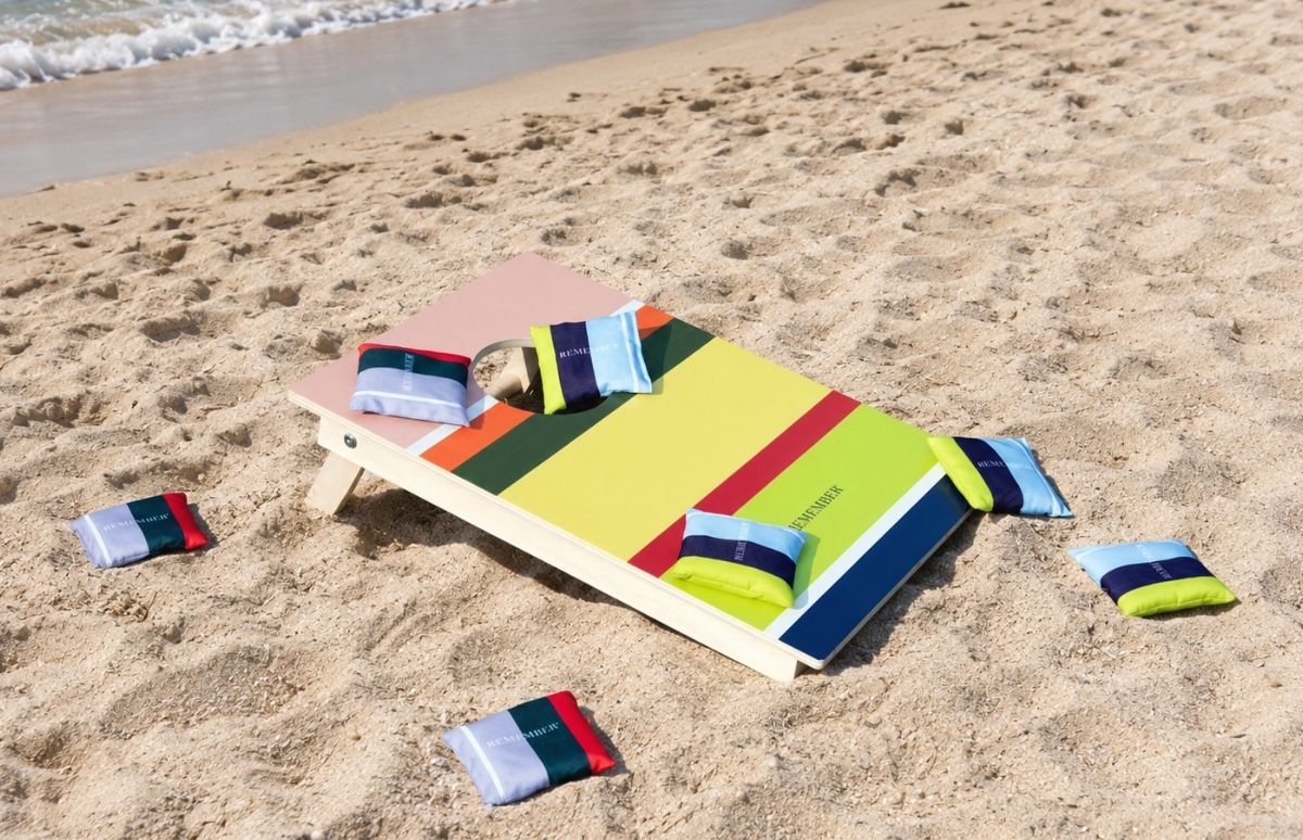 Un tavolo da cornhole a strisce colorate con un foro è posizionato su una spiaggia di sabbia marrone chiaro. I sacchetti da lancio, dello stesso colore, sono in parte sul tavolo e in parte sulla sabbia. Sullo sfondo, un mare turchese con onde dolci.