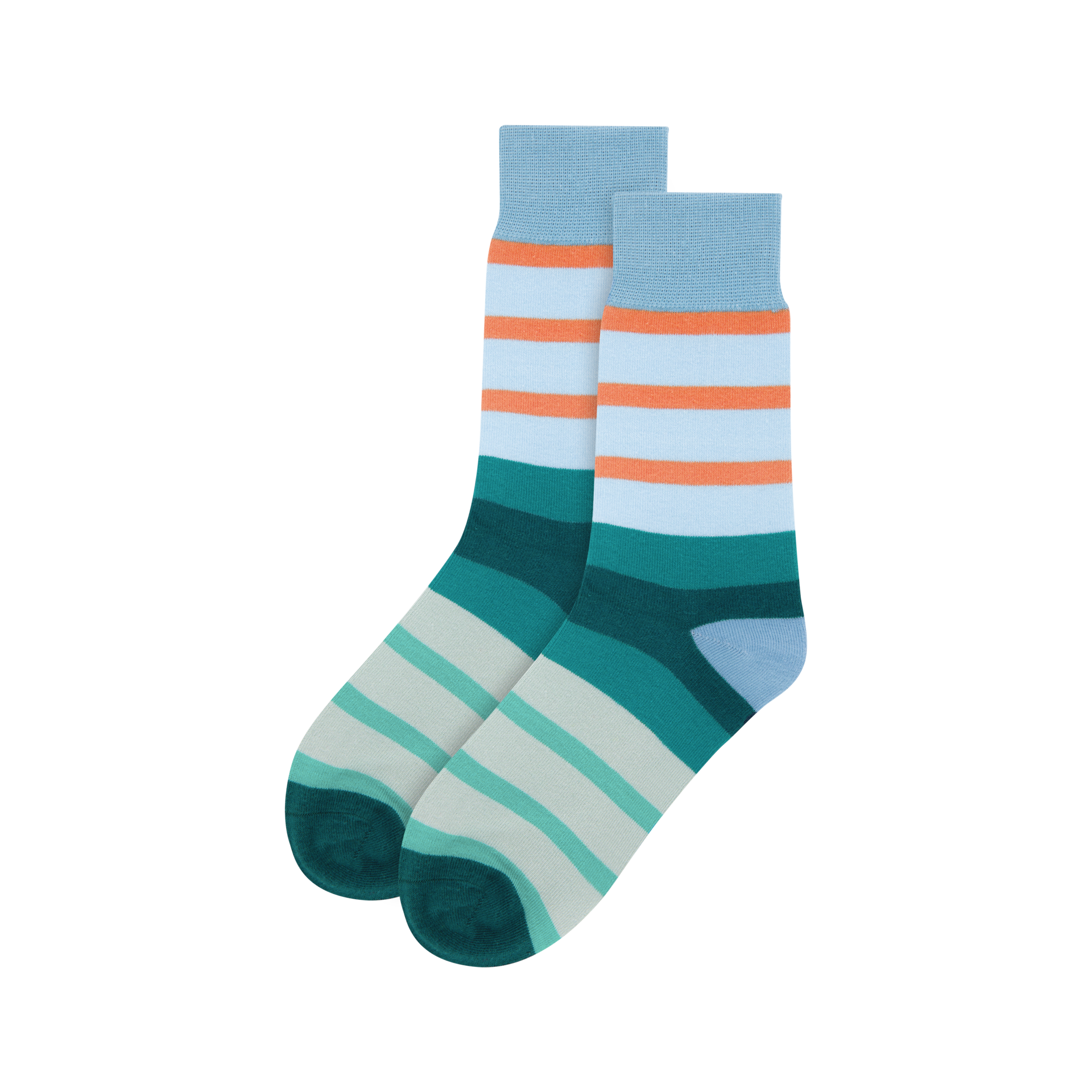 Zwei Paar Socken, Größe 36-41, mit hellblauen, orangefarbenen, weißen und grünen horizontalen Streifen auf weißem Grund.