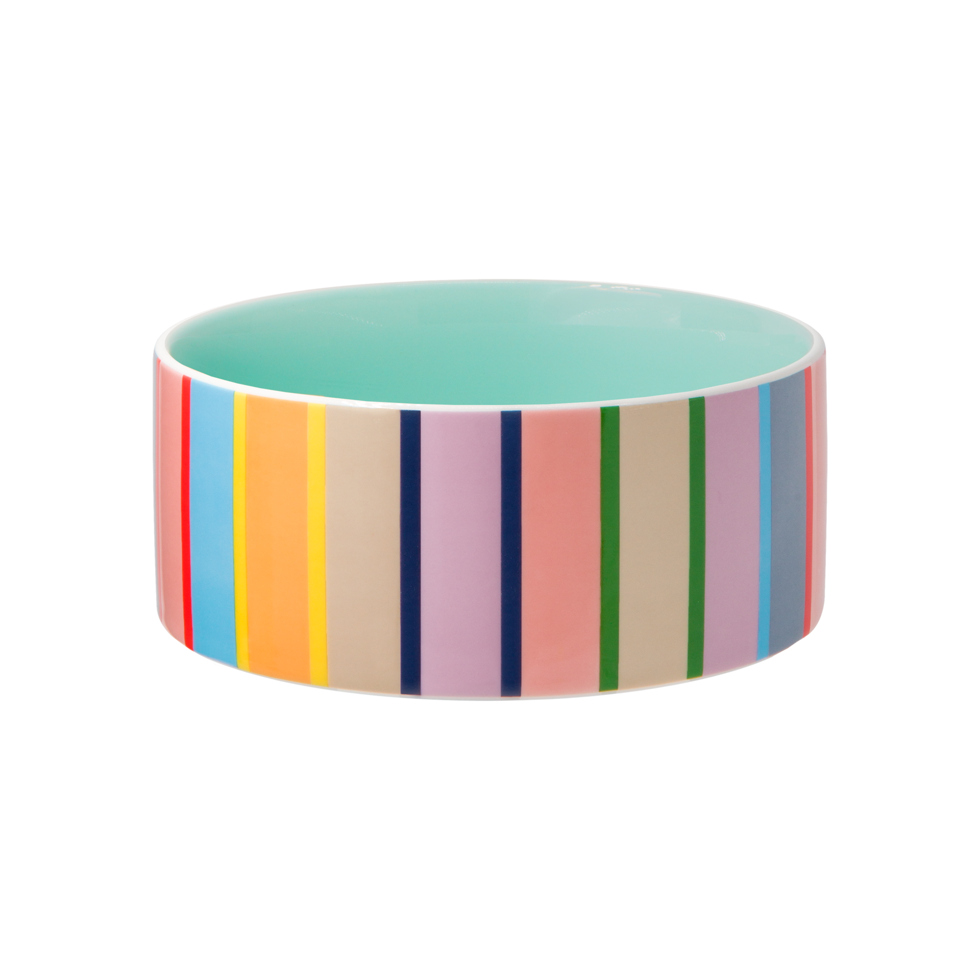 Gamelle ronde en grès, avec à l'extérieur un joyeux motif à rayures verticales dans les tons rouge, bleu clair, orange, jaune, beige, bleu foncé, violet, rose, vert et gris clair. Intérieur brillant, émaillé turquoise clair. Vide.