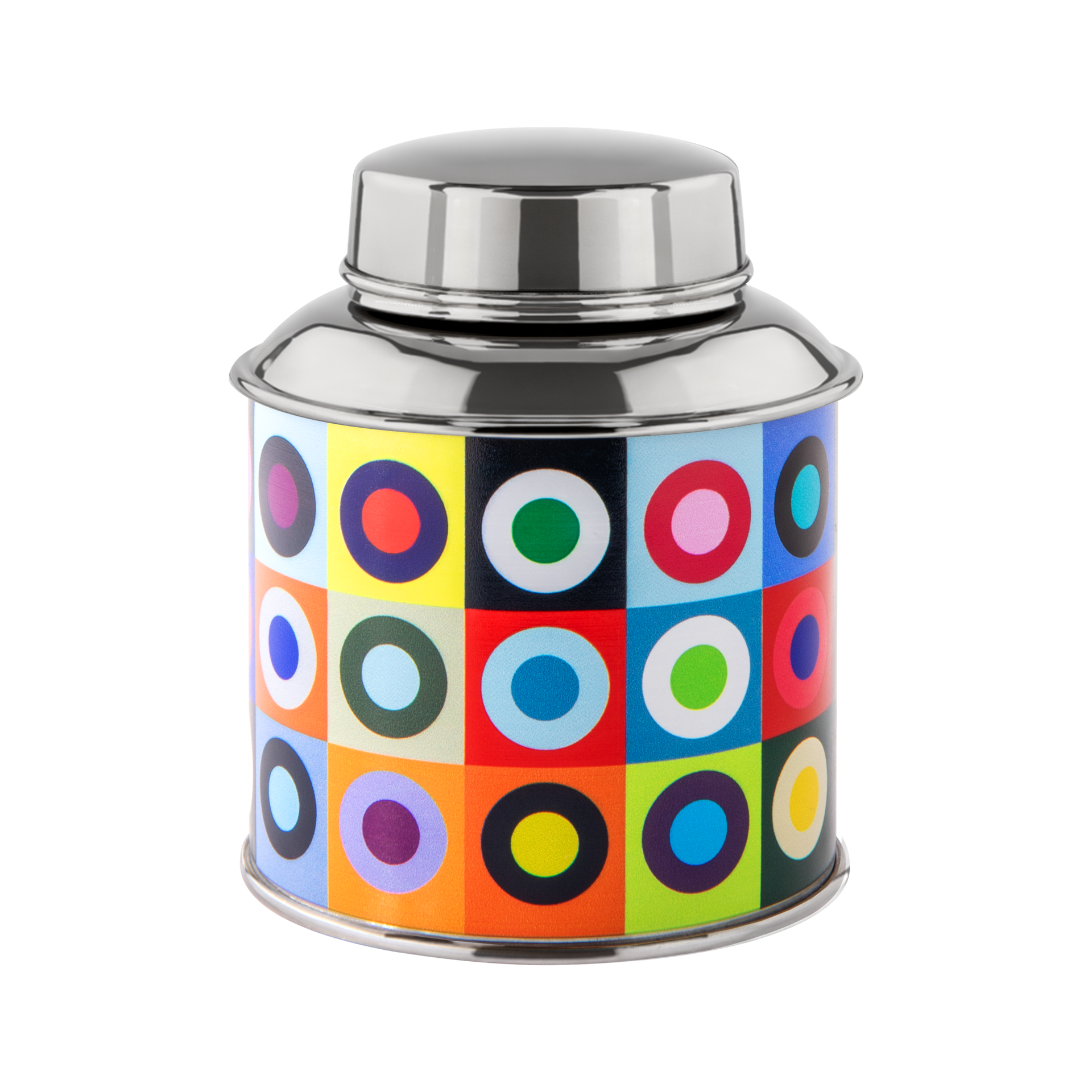 Boîte à thé ronde en acier inoxydable, décorée de carrés multicolores vifs et de cercles concentriques. Avec couvercle argenté brillant. Hermétique, idéale pour conserver le thé et préserver sa fraîcheur.