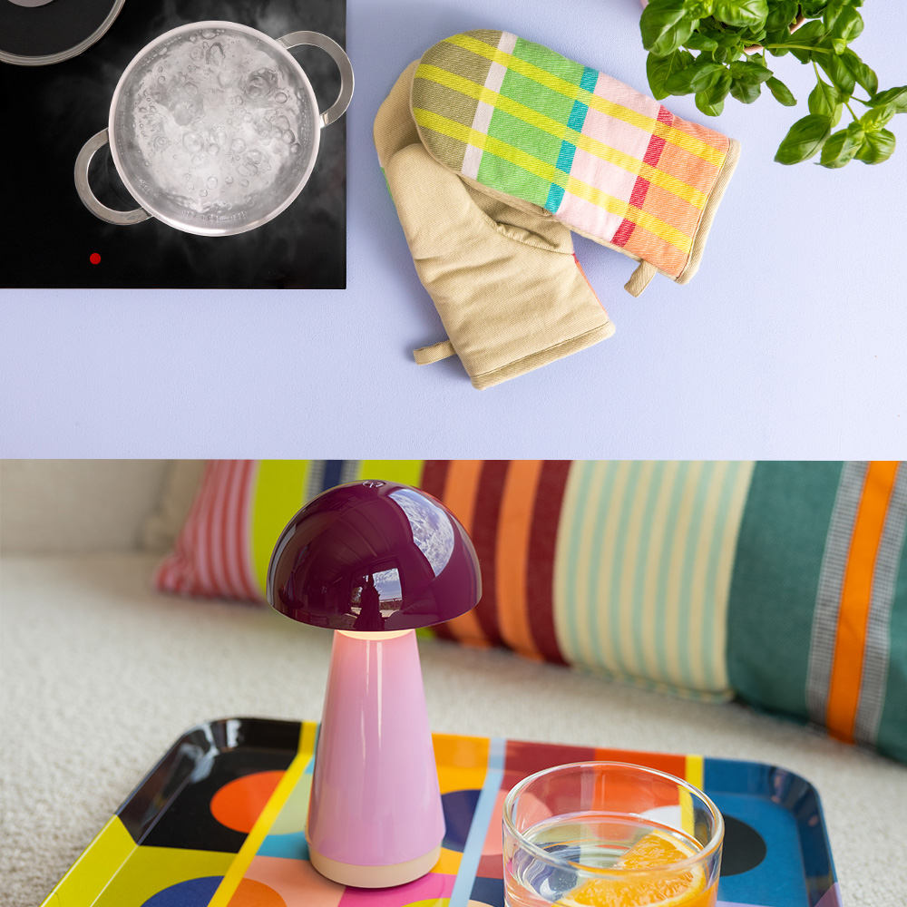 Collage aus Küchen- und Wohnaccessoires. Oben links kochendes Wasser im Topf auf Induktionsfeld. Oben rechts zwei Ofenhandschuhe und frischer Basilikum auf lila Grund. Unten pilzförmige Lampe, Wasserglas mit Orangenscheibe und buntes Tablett.