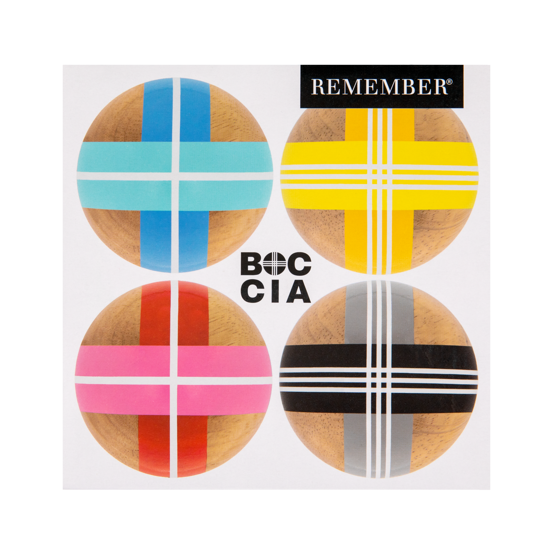 Grafik von Boccia Kugeln mit Streifenmuster in blau, gelb, pink und schwarz. In der Mitte steht der Schriftzug "Boccia".