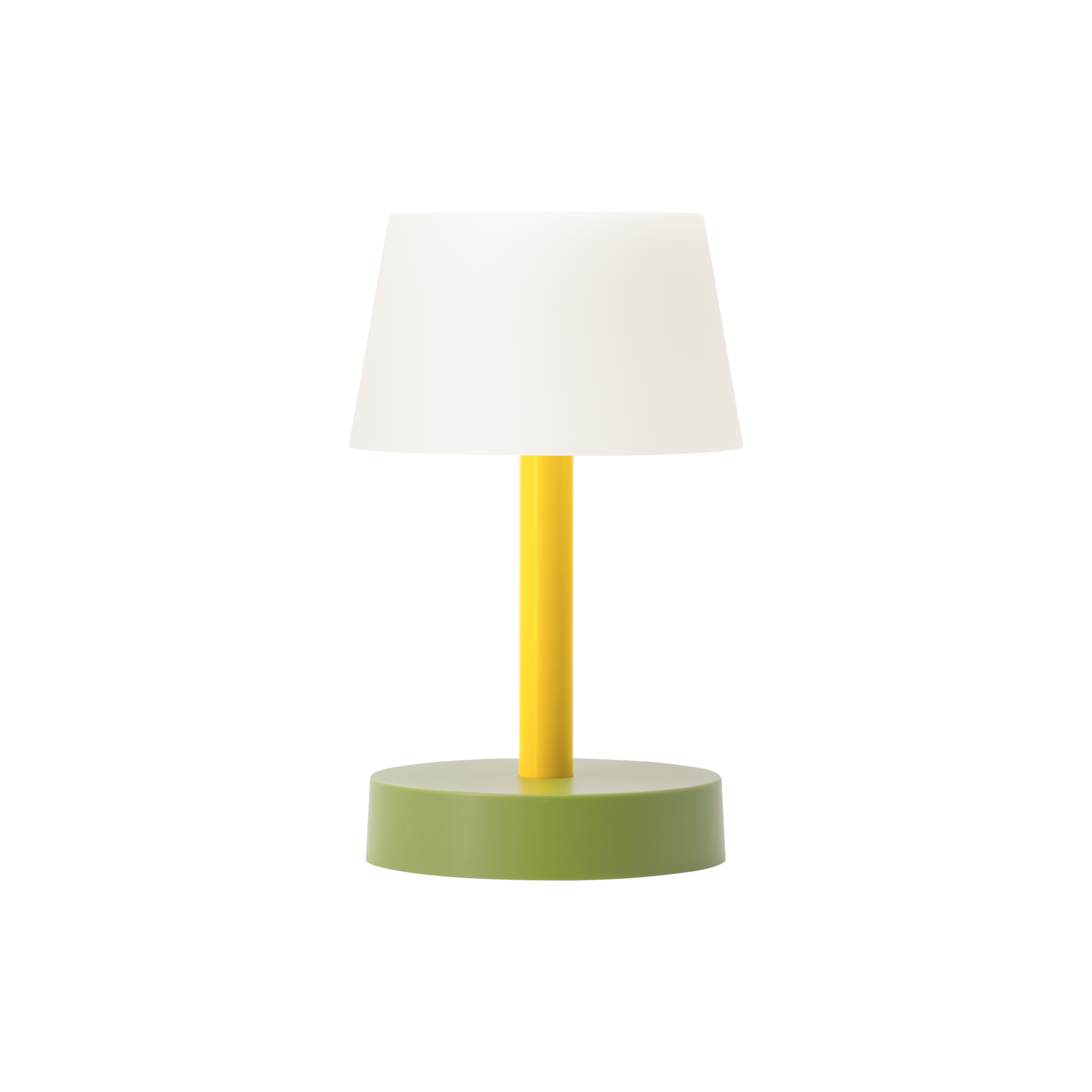 La lampe de table 'Fritz' en 'flora' : un pied rond vert porte une tige jaune, sur laquelle est posé un abat-jour blanc.