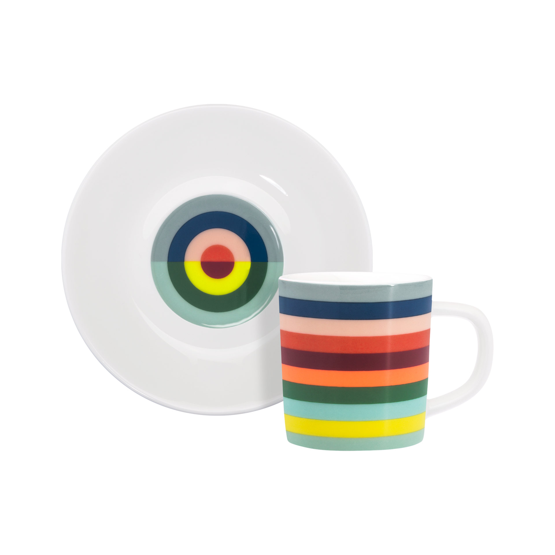 Eine Espressotasse mit bunten Streifen und passendem Unterteller, der das Muster der Tasse in Kreisen aufgreift.