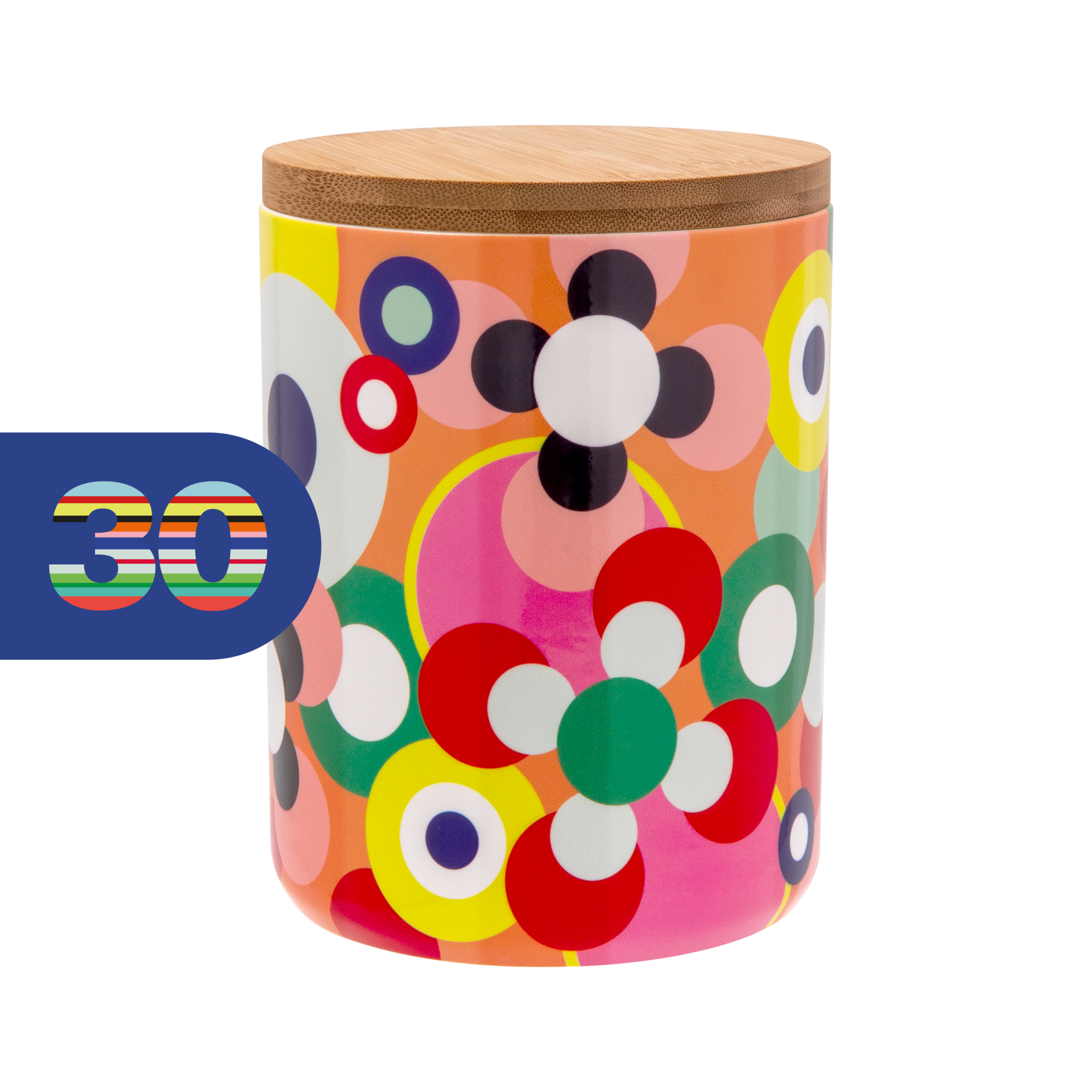 Boîte cylindrique en céramique aux couleurs vives, avec couvercle hermétique en bambou. Motif abstrait de fleurs et cercles tons orange, rose, jaune, rouge, vert, noir et blanc. Marquage bleu « 30 » REMEMBER 30.