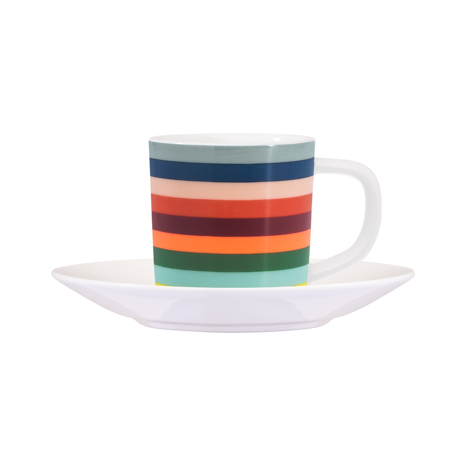 Espressotasse 'Lorenzo' mit bunten horizontalen Streifen auf weißem Unterteller.