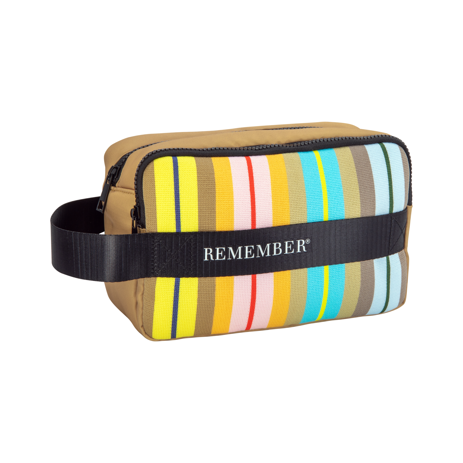 Trousse de toilette Ventara beige, avec motif à rayures verticales colorées (jaune, bleu, orange, rose, vert) sur l’avant. Bande noire «REMEMBER® » autour, faisant poignée. Compartiment principal zippé noir.