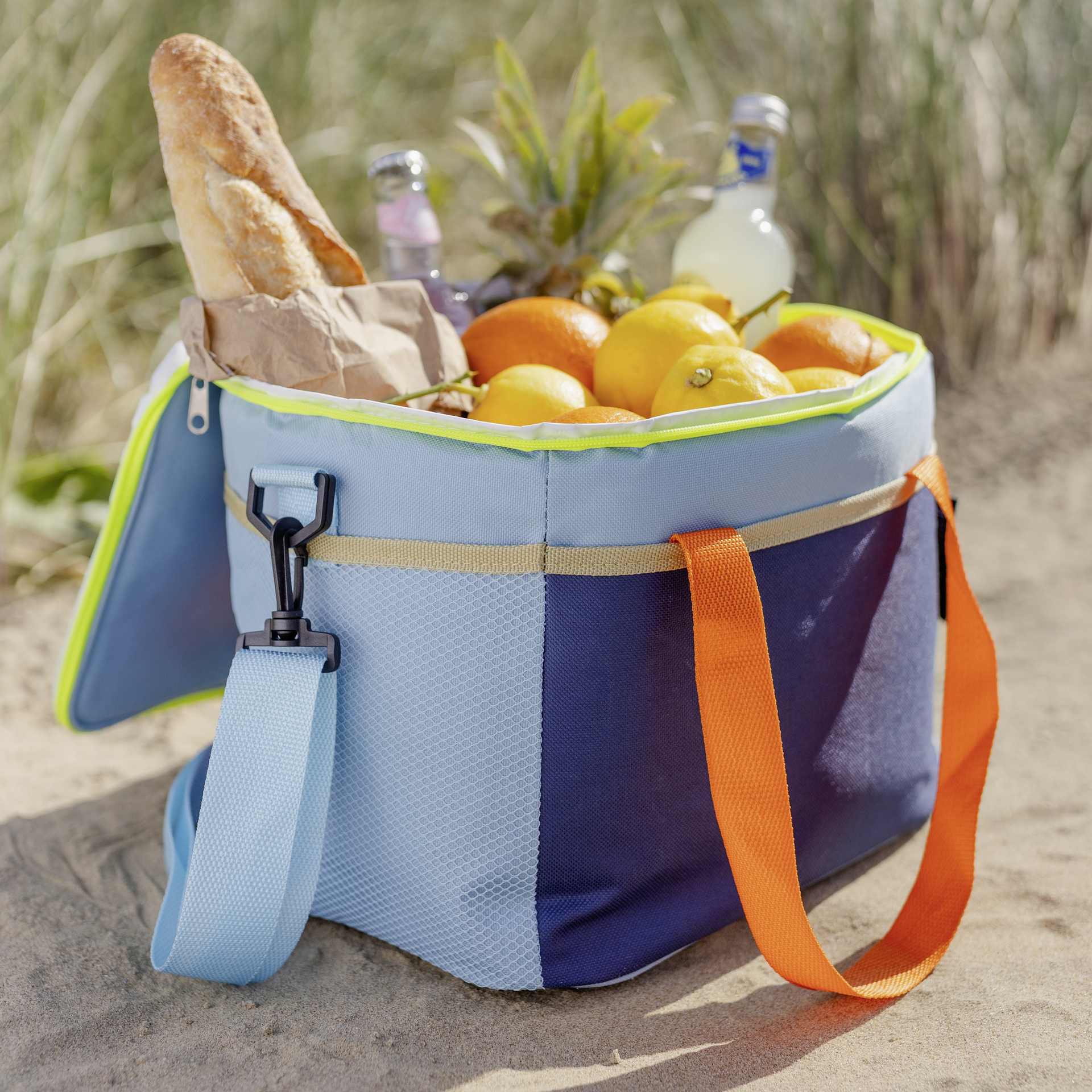 Geöffnete blaue Kühltasche mit Tragegurt und Reißverschluss. Gefüllt mit Baguette, Limonade, Ananas, Orangen und Zitronen. Steht auf Sand vor Dünen.
