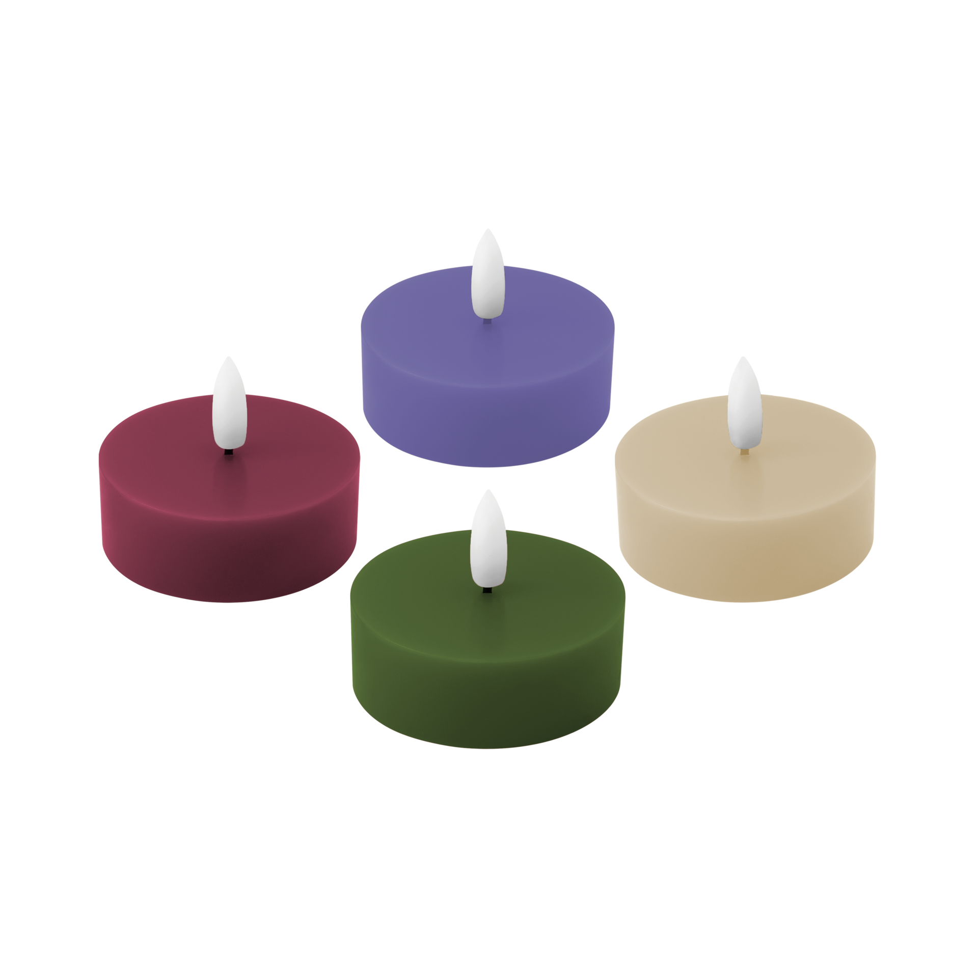 Lot de 4 bougies chauffe-plat LED Nora : quatre bougies rouge foncé, violet, vert foncé et beige. Avec mèche sphérique en plastique réaliste, lumière blanc chaud, enrobage en cire de paraffine. Sûres et chaleureuses.