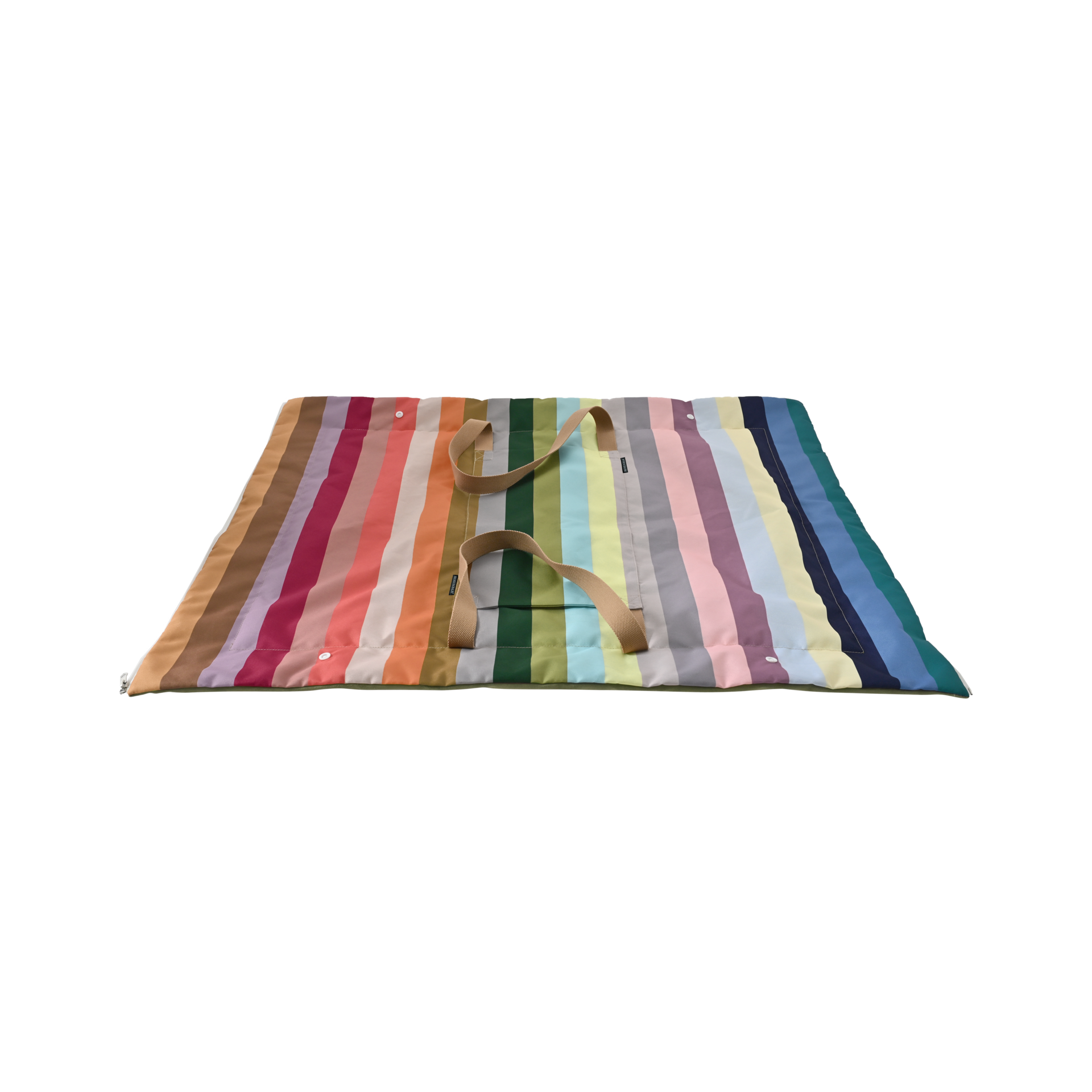 Couverture pour chien d'extérieur colorée Ronja, à rayures verticales marron, rose, verte et bleue. Au centre, deux poignées claires : cette couverture robuste et moelleuse est pliable et facile à transporter. Idéale à l'intérieur comme à l'extérieur.