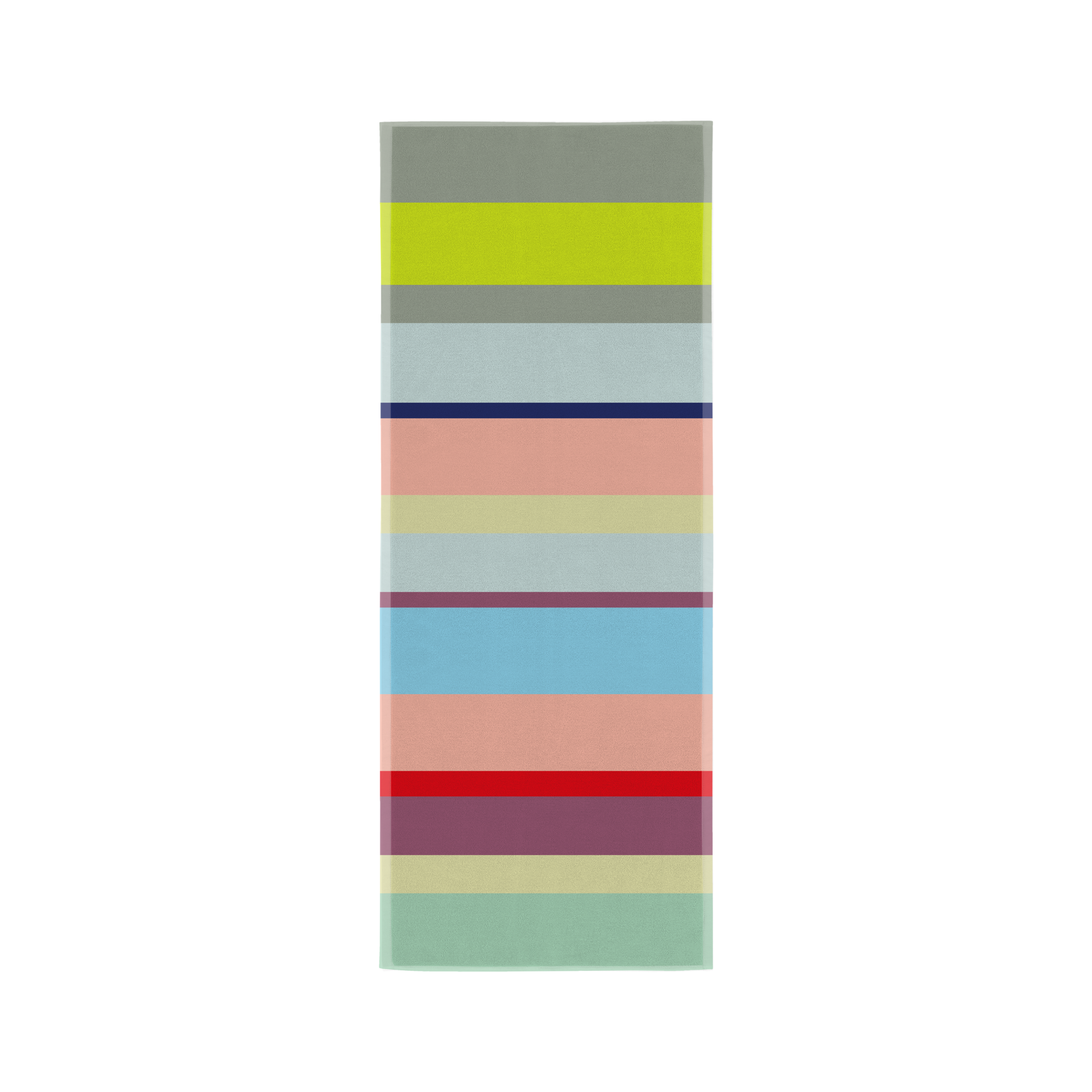 Ein flauschiges, gestreiftes Badetuch Nizza mit Farben wie Grau, Grün, Blau, Rosa, Rot und Beige. Die Streifen sind horizontal angeordnet.