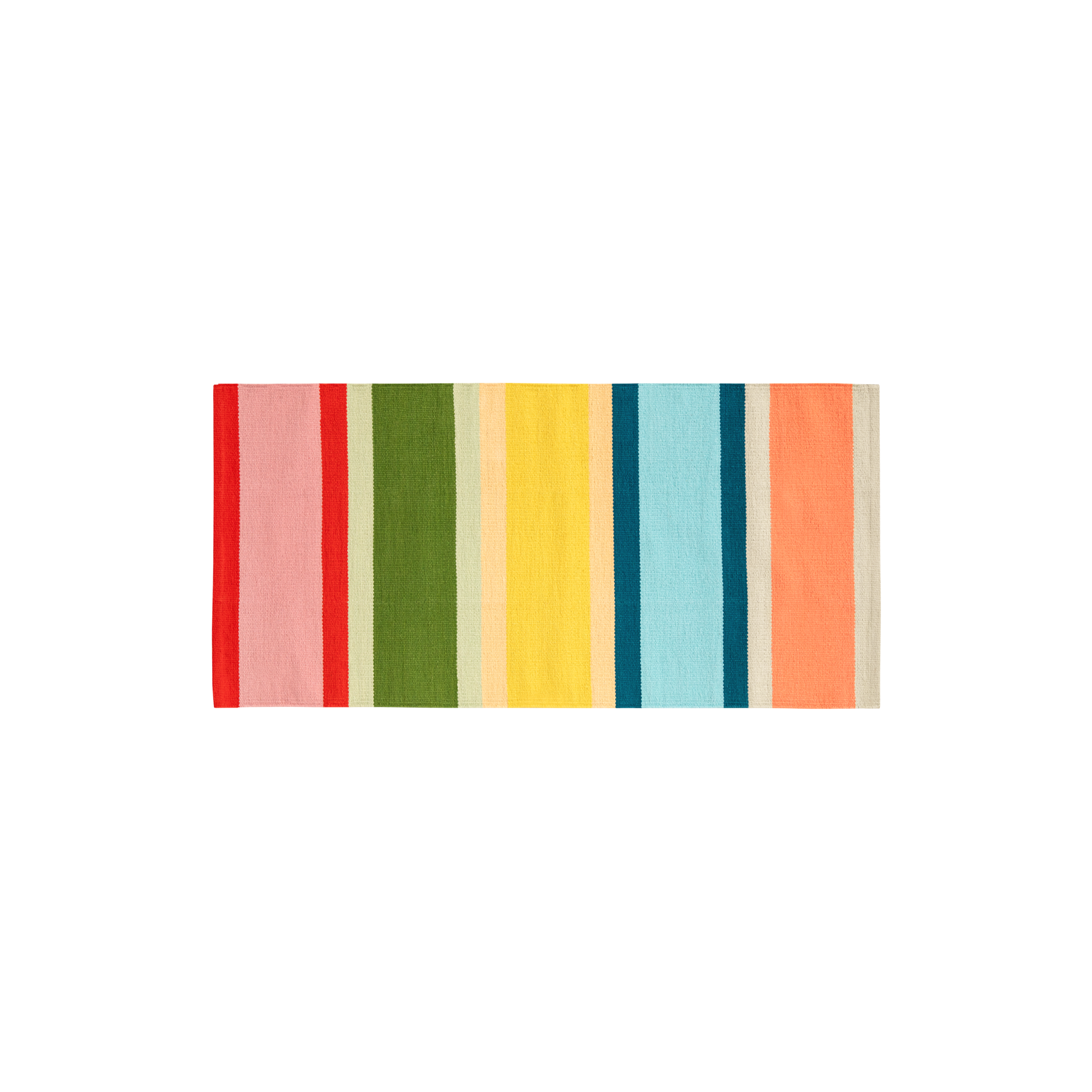 Tapis de passage coloré à rayures verticales dans des tons de rouge vif, rose tendre, vert olive, jaune vif, turquoise, bleu clair et orange corail, séparées par d'étroites bandes de couleur crème. Poils courts pour une touche de gaieté.