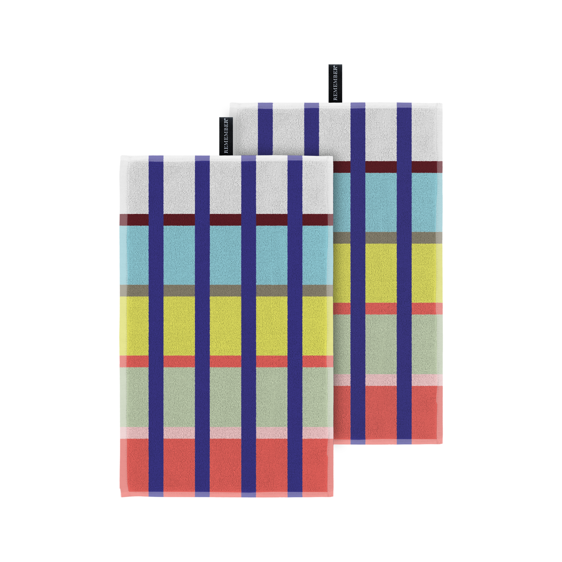 Deux serviettes d'invités Yoku pliées, ornées d'un motif à rayures multicolores très vif. Lignes verticales bleu foncé et larges bandes horizontales blanches, bleu clair, jaunes, vertes, rose saumon et rouge foncé. Coton doux et de qualité.