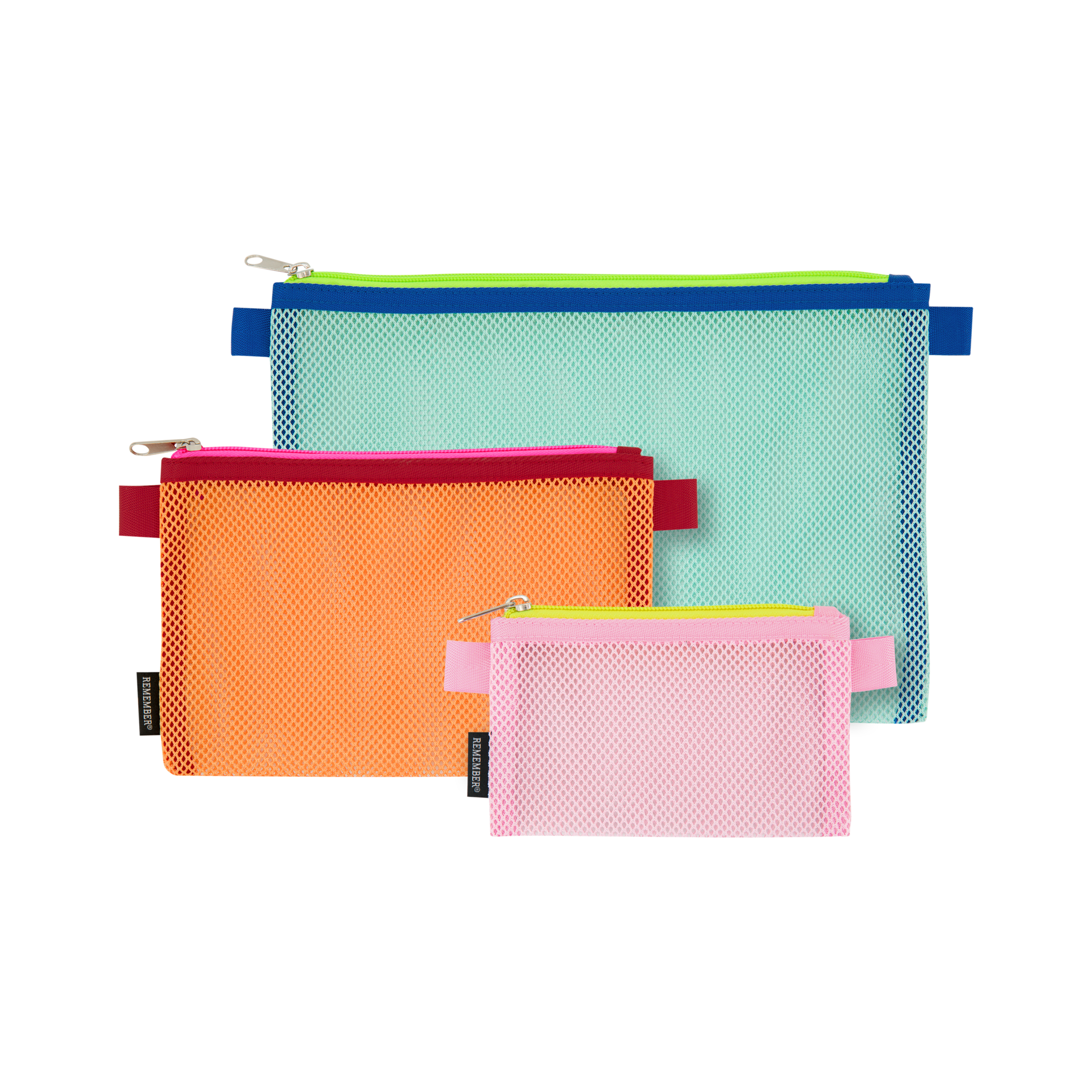 Drei farbige Mesh Bags 'Alice' im Set. Größen: groß, türkis; mittel, orange; klein, rosa. Jede Tasche hat einen Reißverschluss.