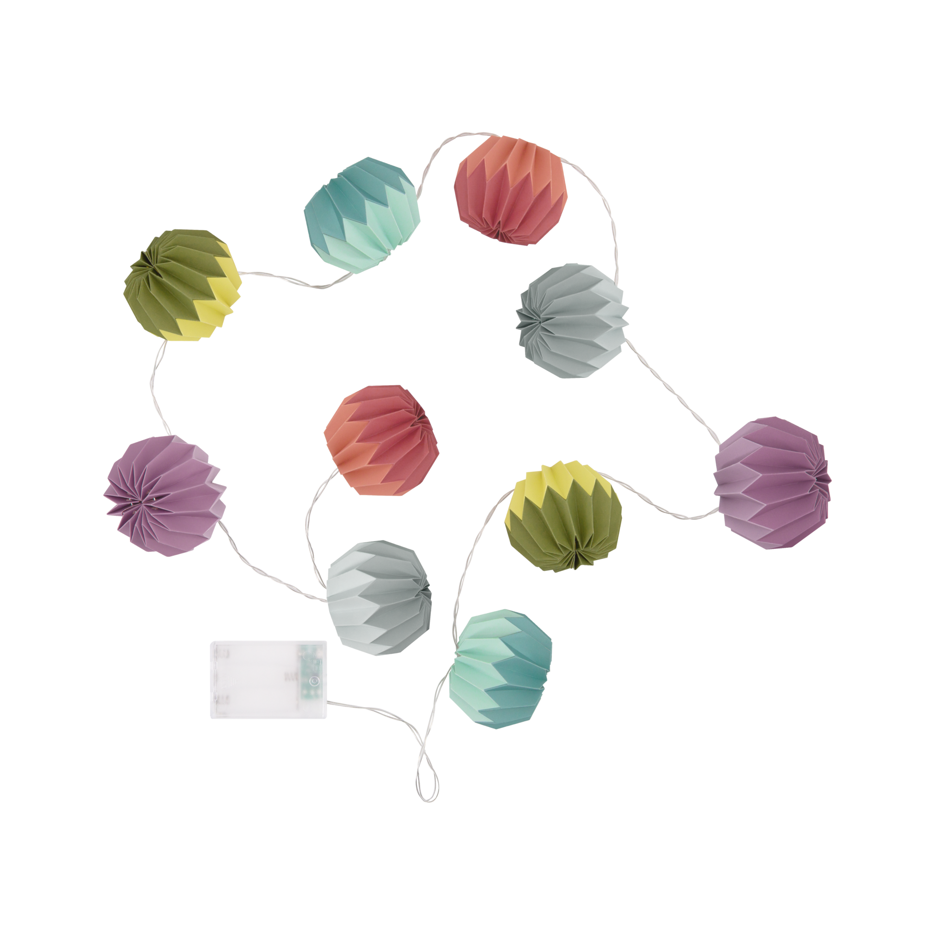 Eine Papier-Lichterkette Yazz mit zehn bunten, gefalteten Papierkugeln an einem weißen Kabel. Ein transparentes Batteriefach ist am Ende befestigt.