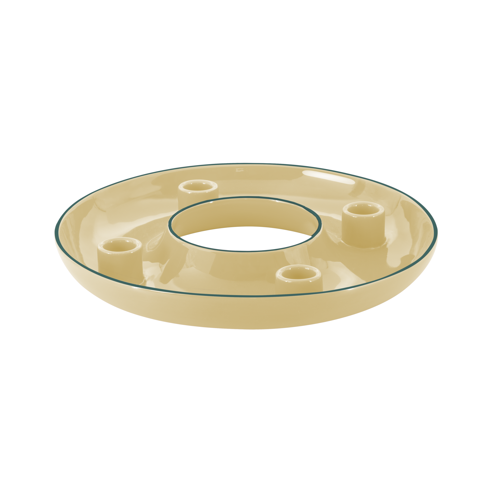 Coupelle ronde pour couronne de l'Avent, beige, en céramique de dolomite brillante, avec quatre supports intégrés pour bougies cylindriques. Bord extérieur, intérieur et centre ornés d'une fine bordure vert foncé. Prête pour une déco festive.