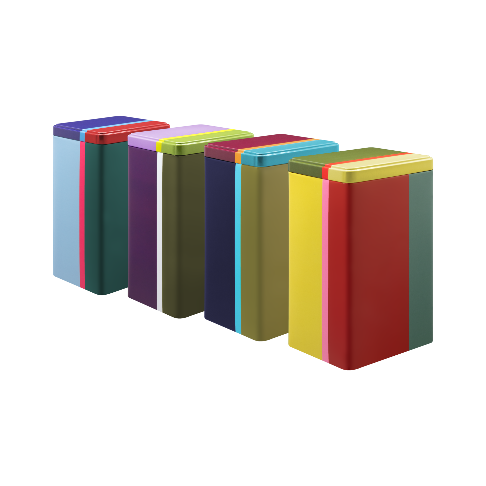Quatre boîtes 'Yara' rectangulaires et colorées sont alignées. Chaque boîte a son propre motif de couleur avec des rayures et des accents de différentes largeurs.
