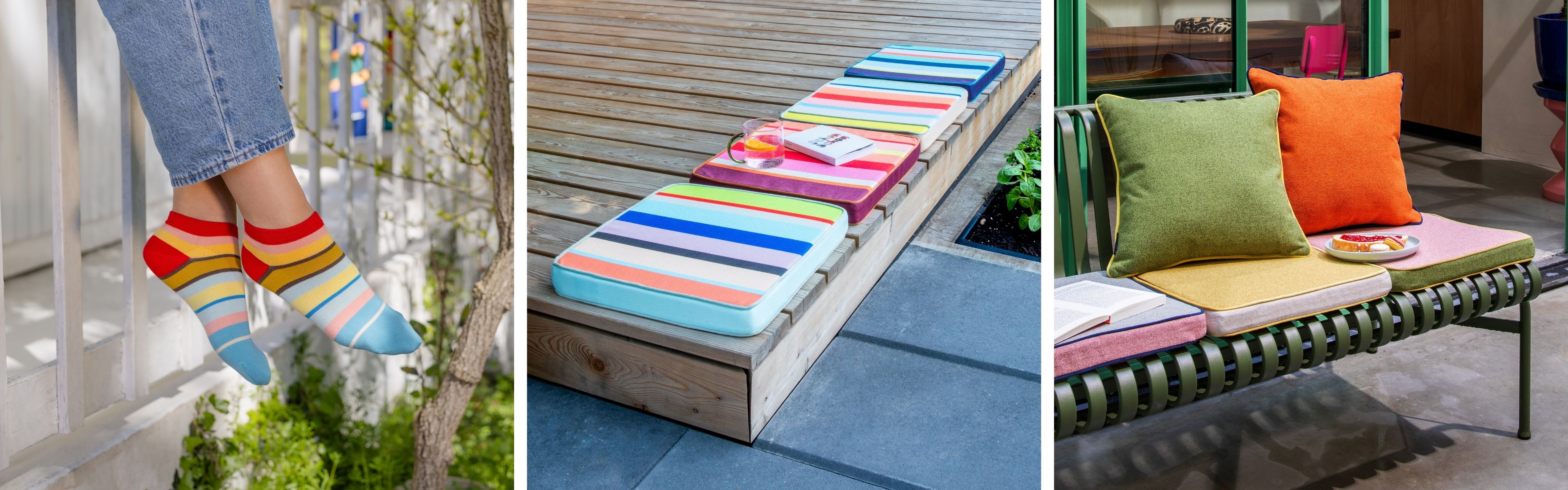 Drei Szenen als Collage: Links baumeln Füße in bunten Ringelsocken über weißem Geländer vor grünem Laub. Mittig gestreifte Sitzkissen auf Holzterrasse mit Wasser-Zitrone und Buch. Rechts grüne Bank mit Kissen, Gebäck, Laden.