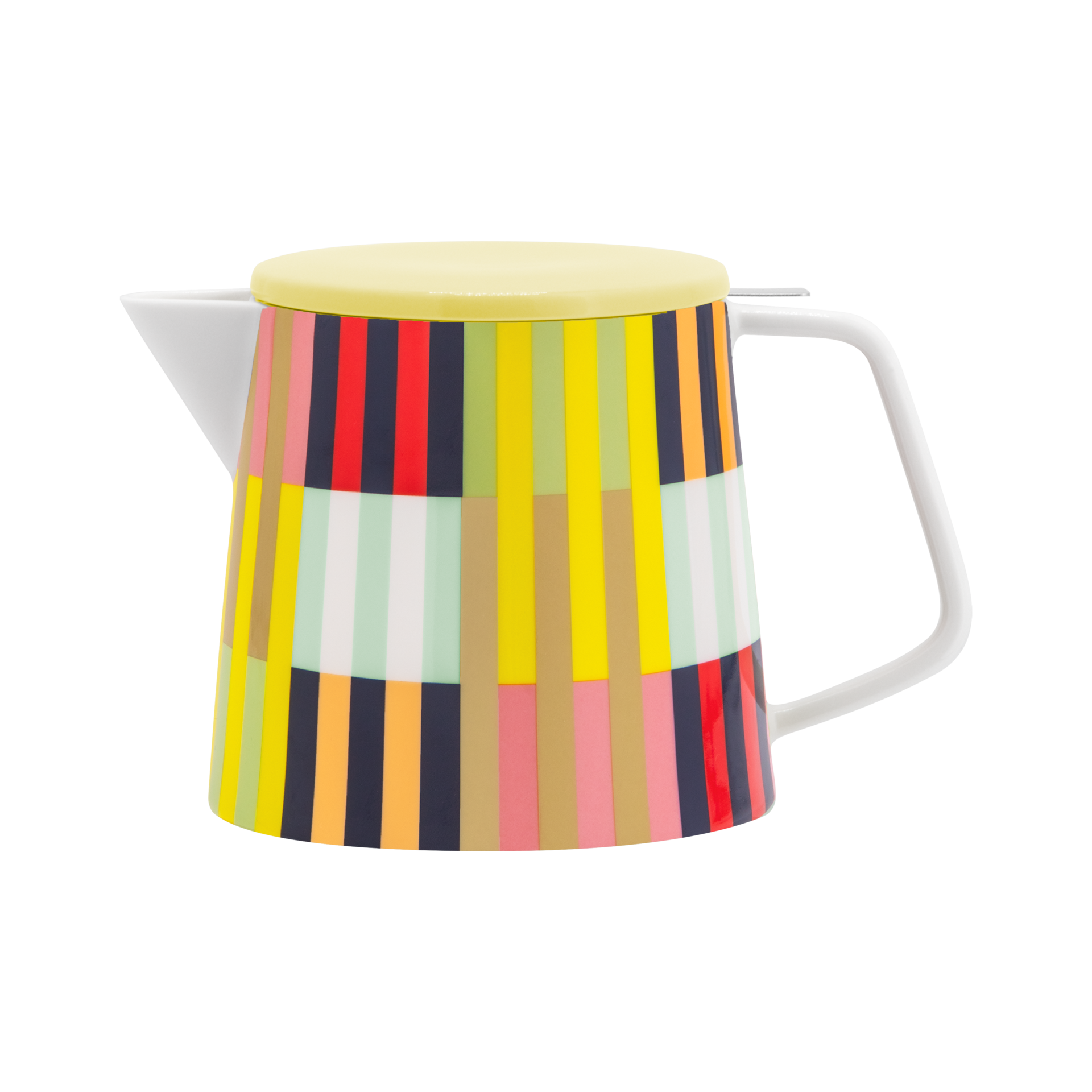 Teekanne 'Havanna' mit gelbem Deckel und farbenfrohem Streifenmuster. Die Teekanne hat einen weißen Henkel und Ausgießer.