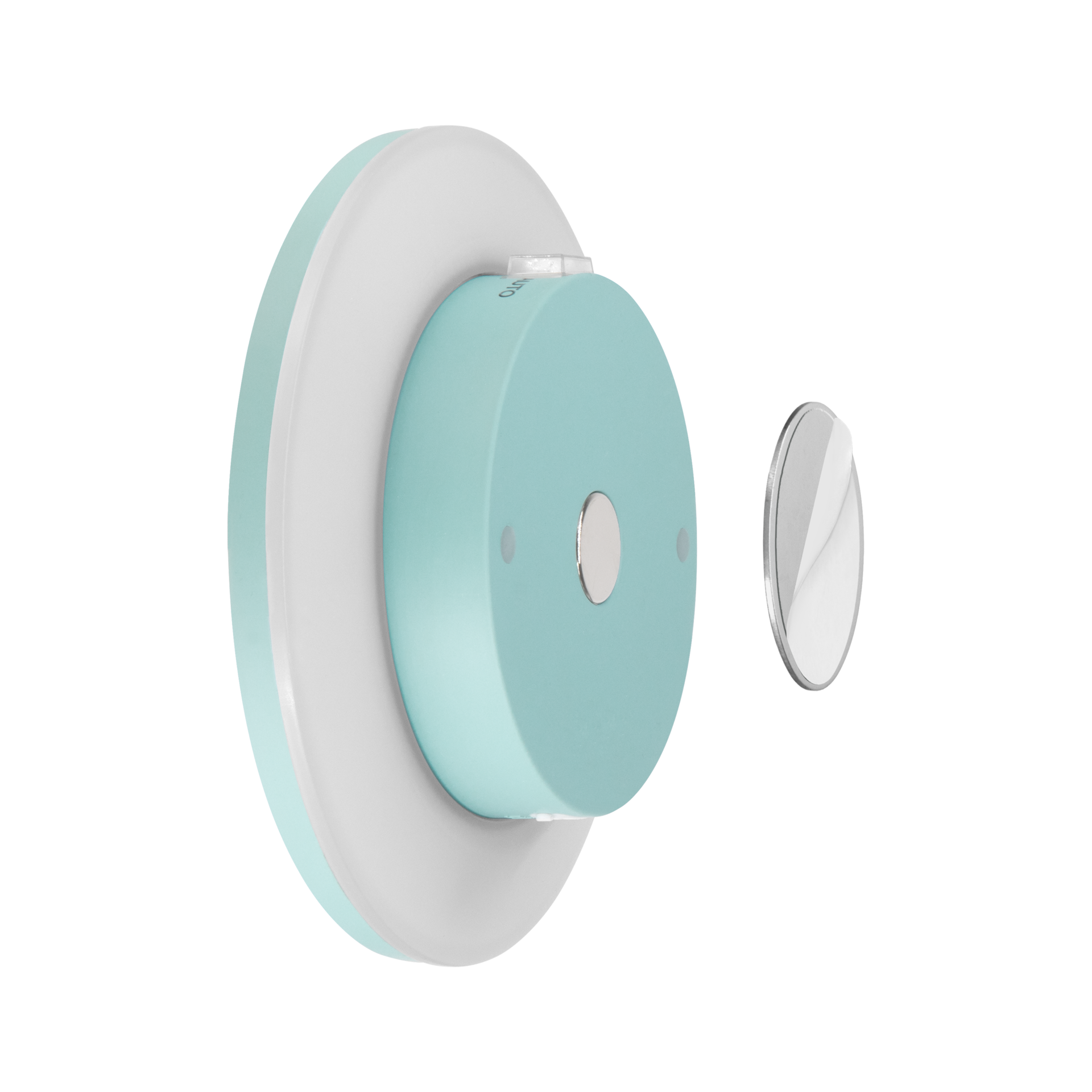 Applique murale ronde vert turquoise, avec grand anneau lumineux blanc laiteux. Au centre, un bouton variateur rond argenté. À côté, un petit support magnétique argenté avec film adhésif retiré pour l’installation.