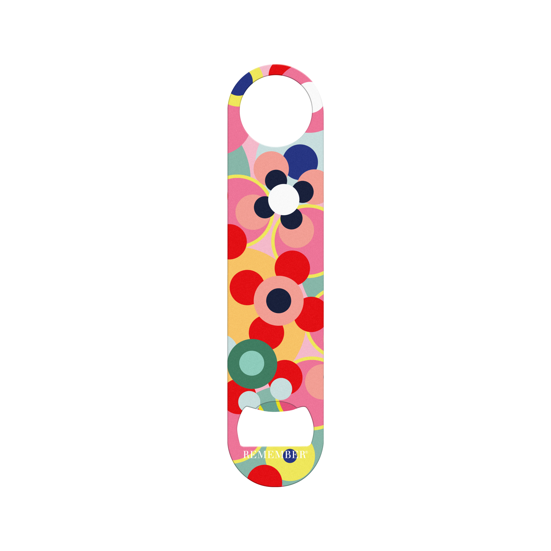 Farbenfroher Flaschenöffner mit floralen Mustern in Pink, Rot, Blau und Gelb. Edelstahl. Modernes Design.