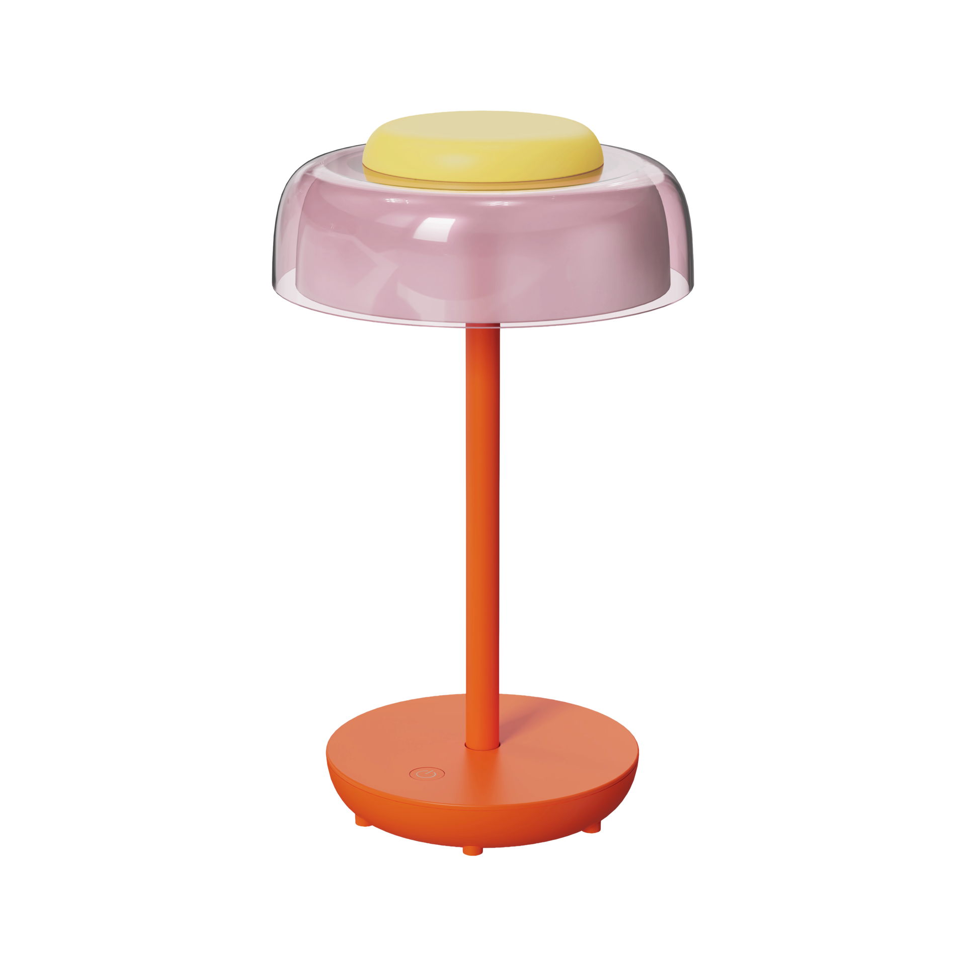 Moderna lampada da tavolo senza fili con design tricolore su sfondo bianco. Base rotonda e stelo slanciato in arancione brillante. Parte superiore: paralume esterno trasparente, paralume interno rosa, parte superiore piatta gialla. Icona touch sulla base.