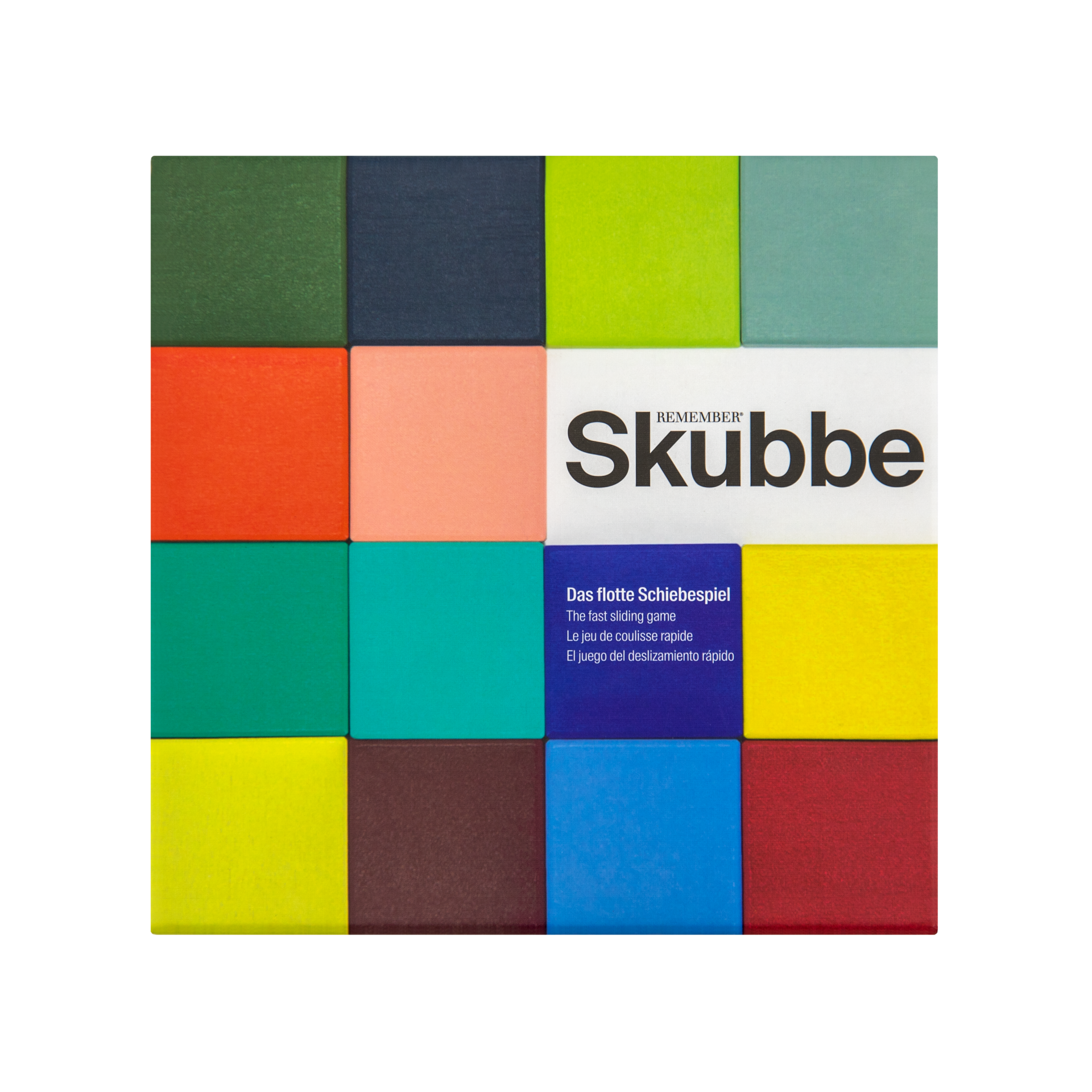 Das flotte Schiebespiel 'SKUBBE': Spielbrett mit bunten Holzsteinen und dem Spielnamen.