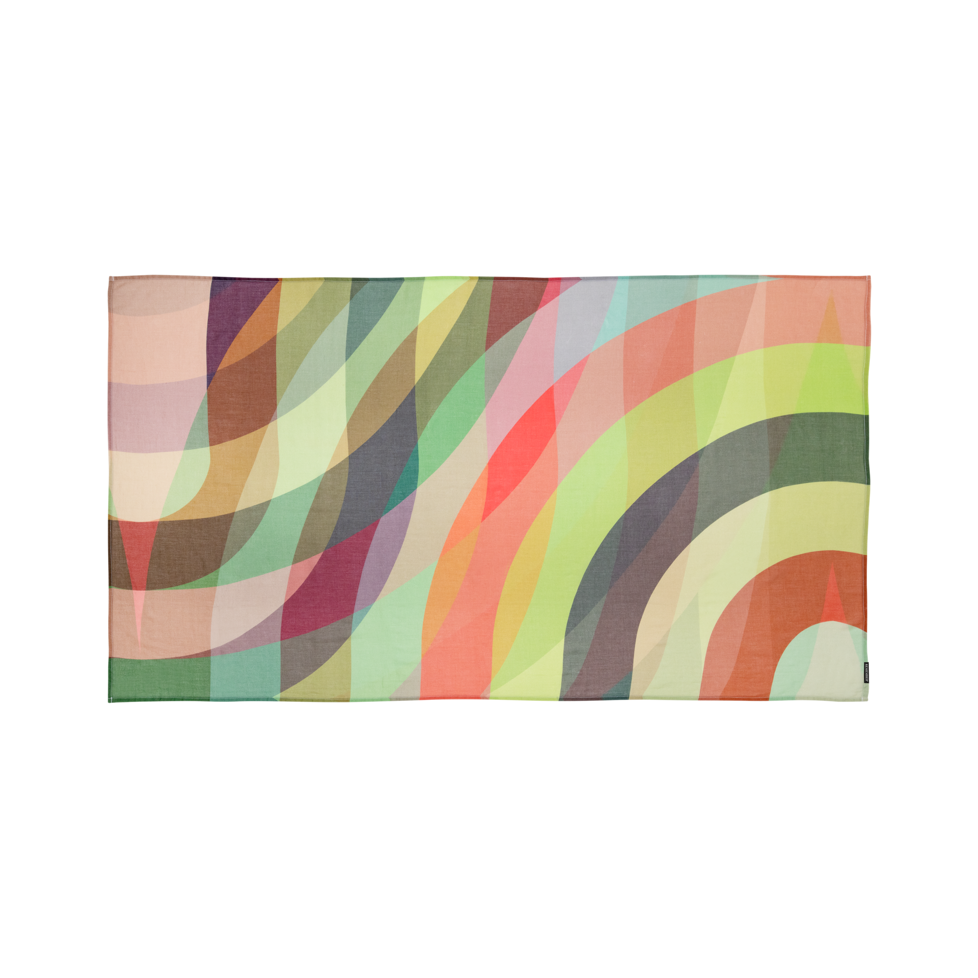 Foulard pareo "Tulum" rettangolare di grande formato con aree di colore curve e sovrapposte nei toni del rosa, del verde e del marrone su sfondo bianco.