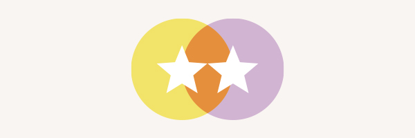 Stilisiertes Symbol mit zwei leicht überlappenden Kreisen auf hellbeigem Hintergrund. Links Gelb, rechts Lavendel; die Überlappung ergibt in der Mitte Orange. Zwei weiße fünfzackige Sterne sind in den Überlappungen platziert.