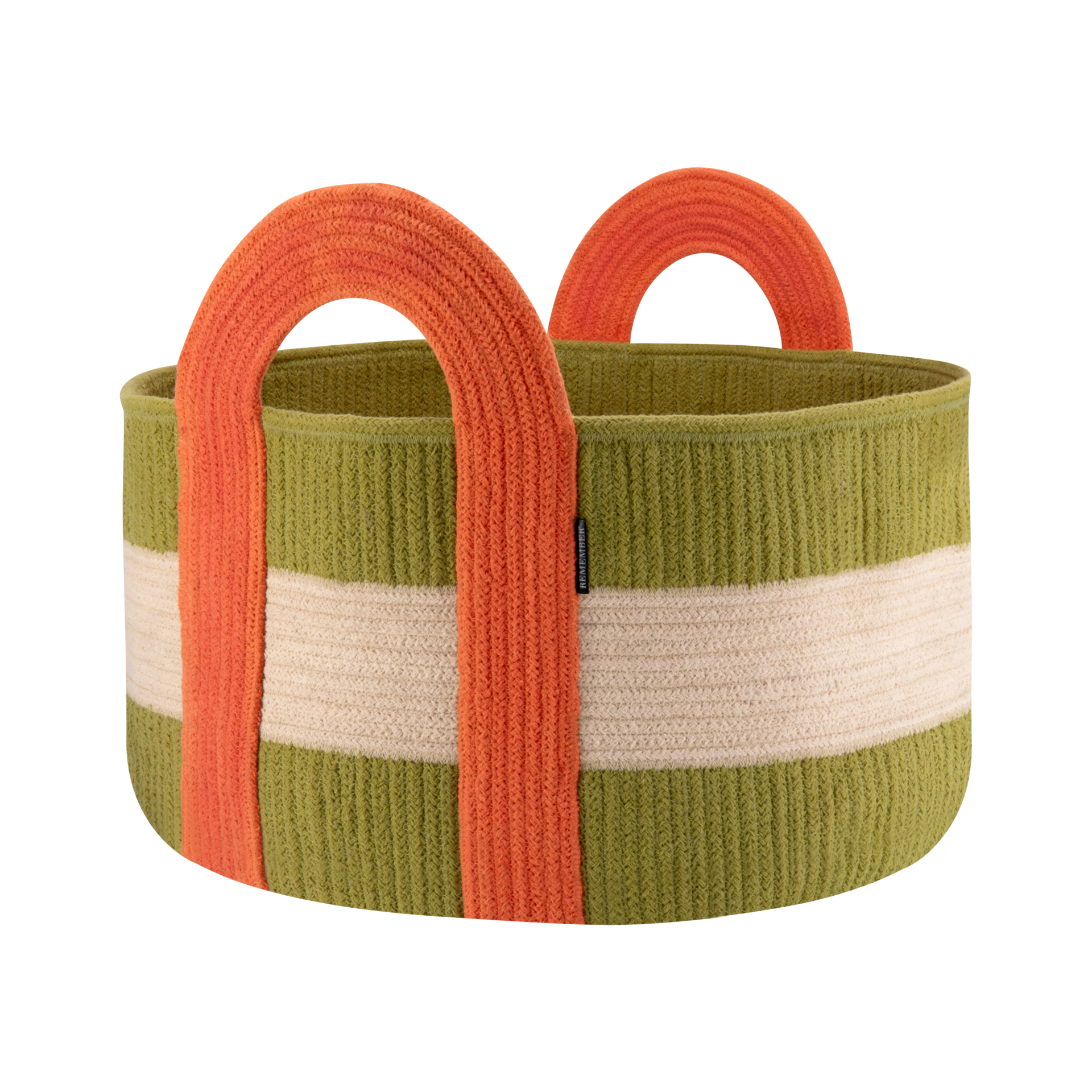 Panier de rangement rond et plat en corde de coton verte et beige, avec une bande claire au centre. Deux solides poignées verticales orange complètent ce panier ouvert, idéal pour couvertures ou magazines.
