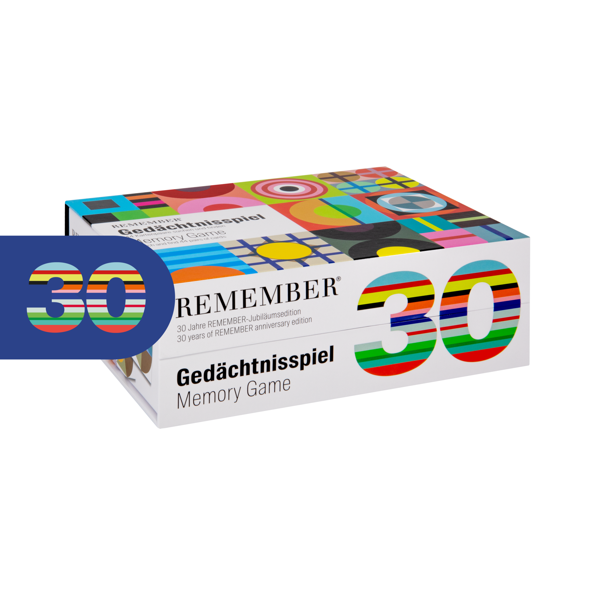 Verpackung des 'Remember 30' Gedächtnisspiels, Jubiläumsedition. Bunte grafische Formen und die Zahl 30 auf der weißen Schachtel.