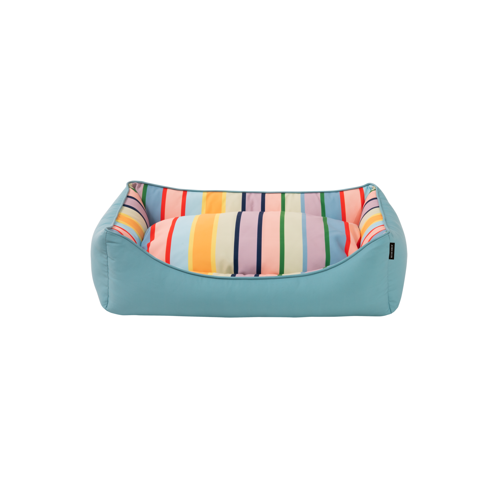Lit pour chien rayé Lotta M, taille M, avec une housse extérieure bleu clair et un coussin moelleux et amovible. Le coussin et les parois intérieures arborent des rayures verticales aux couleurs vives : rouge, orange, jaune, bleu et rose.