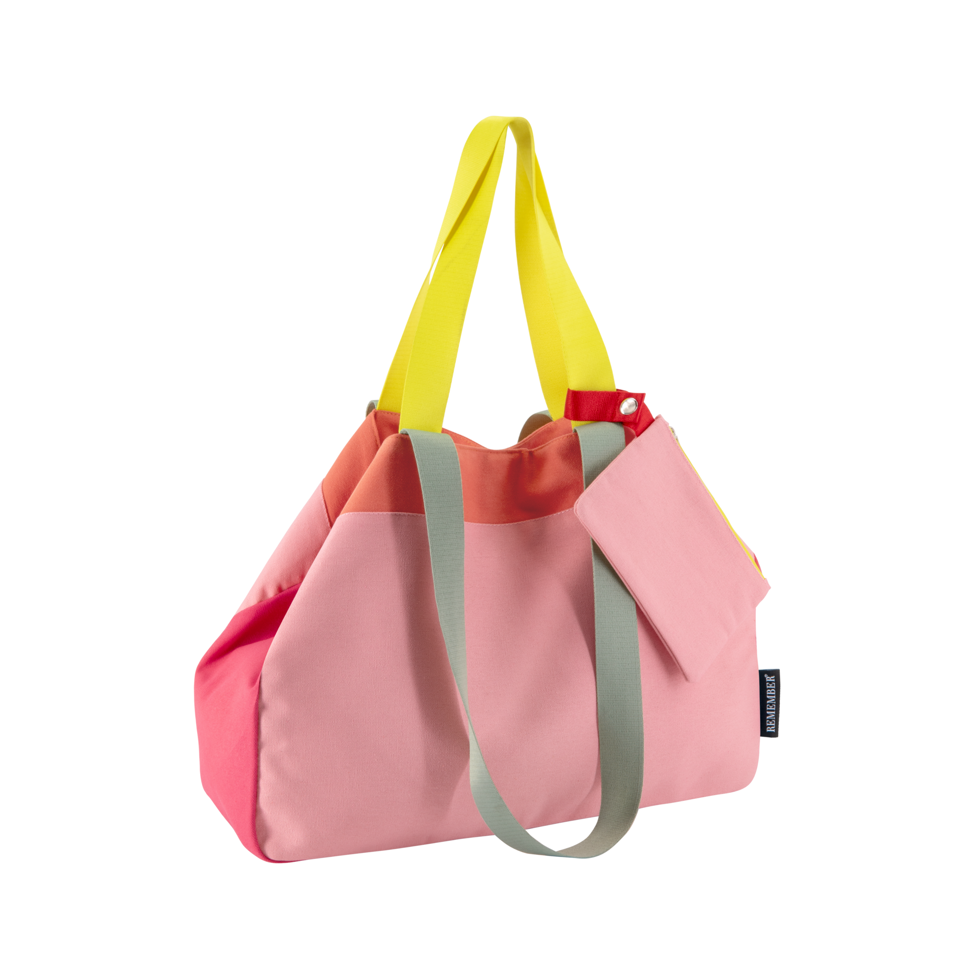 Pinke Canvas-Tasche mit gelben und grauen Trägern sowie einer kleinen, abnehmbaren, pinken Tasche.