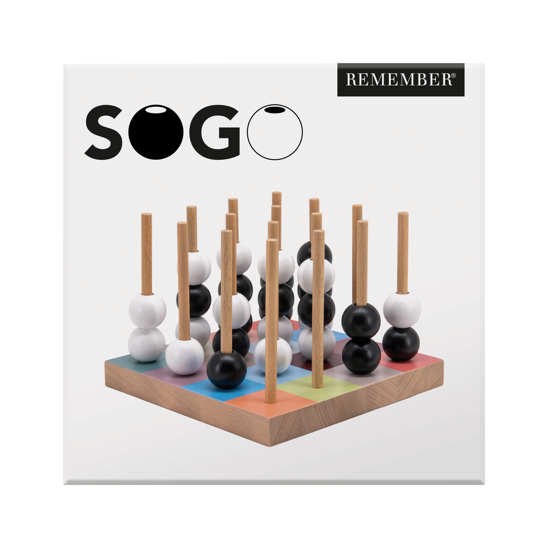 Detailaufnahme des SOGO-Brettspiels mit Holzstäben und schwarzen sowie weißen Kugeln auf einem farbigen Spielbrett.
