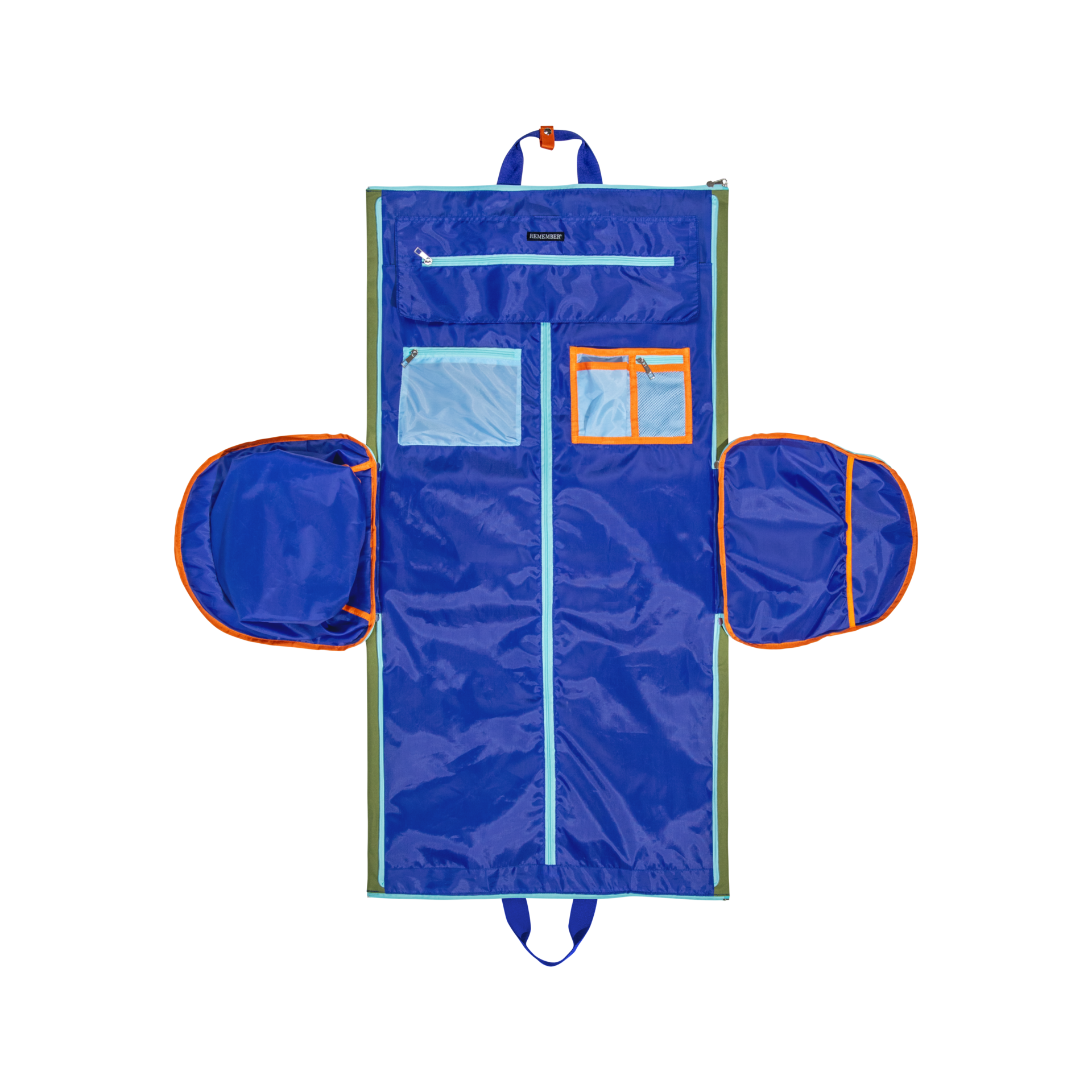 Sac de voyage Lennard ouvert, intérieur bleu foncé, bords vert olive. Grand compartiment principal pour vêtements, poches zippées bleu clair et poches filet orange. Deux poches latérales rondes à chaussures. Poignée bleue dessus.