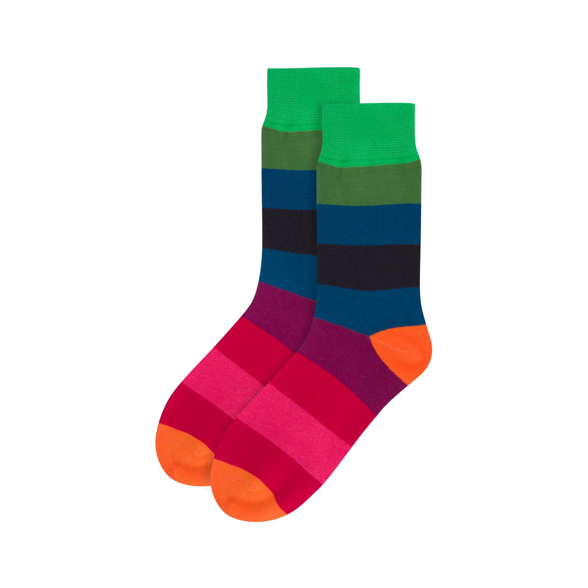 Zwei Socken, Größe 36-41, mit bunten, horizontalen Streifen in Grün, Blau, Schwarz, Lila, Pink und Orange auf weißem Hintergrund.