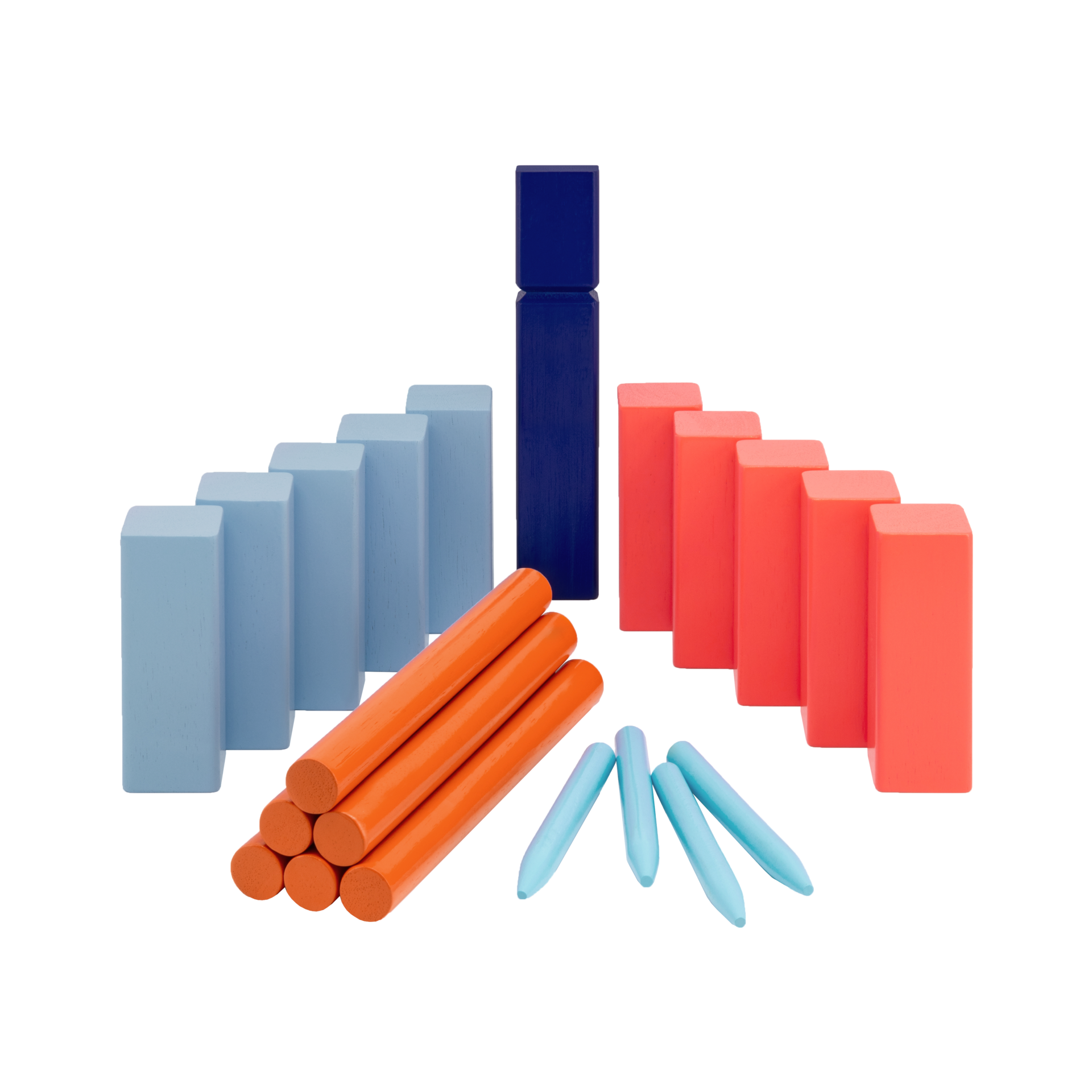 Holzspiel Kubb: blaue und rote Spielsteine, ein großer, blauer König, orangefarbene Wurfstäbe und hellblaue Eckstäbe sind aufgereiht.