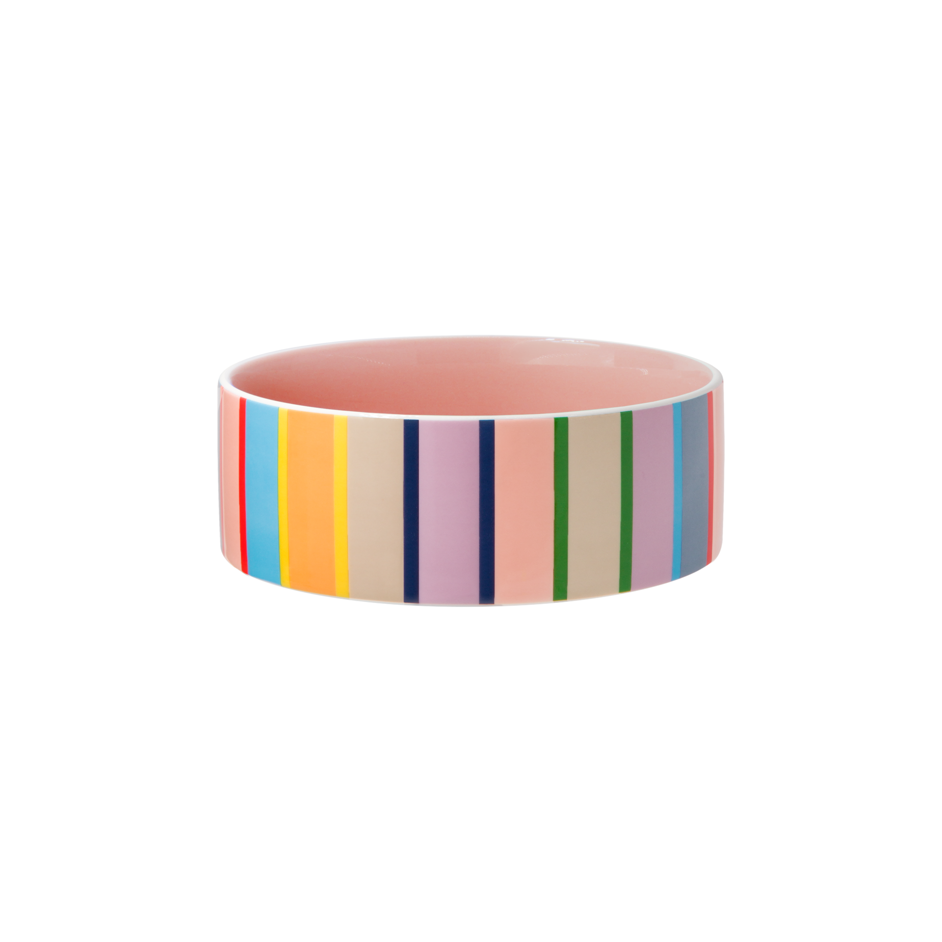 Gamelle ronde avec un motif rayé coloré à l'extérieur. Rayures verticales en rouge, bleu clair, orange, jaune, beige, bleu foncé, violet, rose clair, vert et gris. Intérieur lisse, émaillé en rose clair uni.