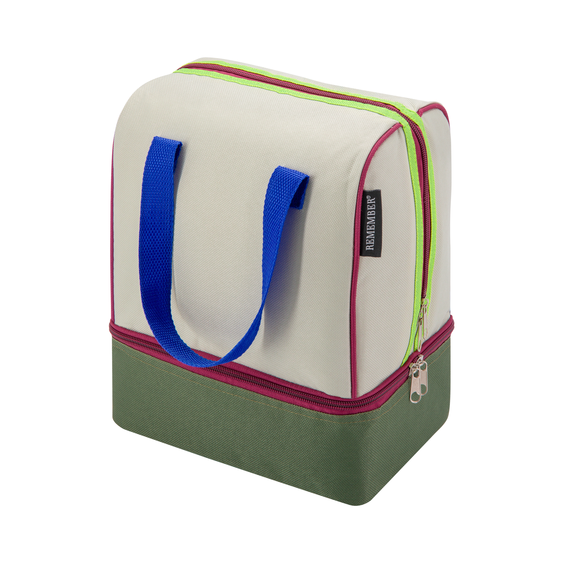 Beige Lunch-Kühltasche 'Bruno' mit zwei Fächern und Reißverschlüssen. Tragegriffe in Blau und farbige Akzente in Grün und Pink.