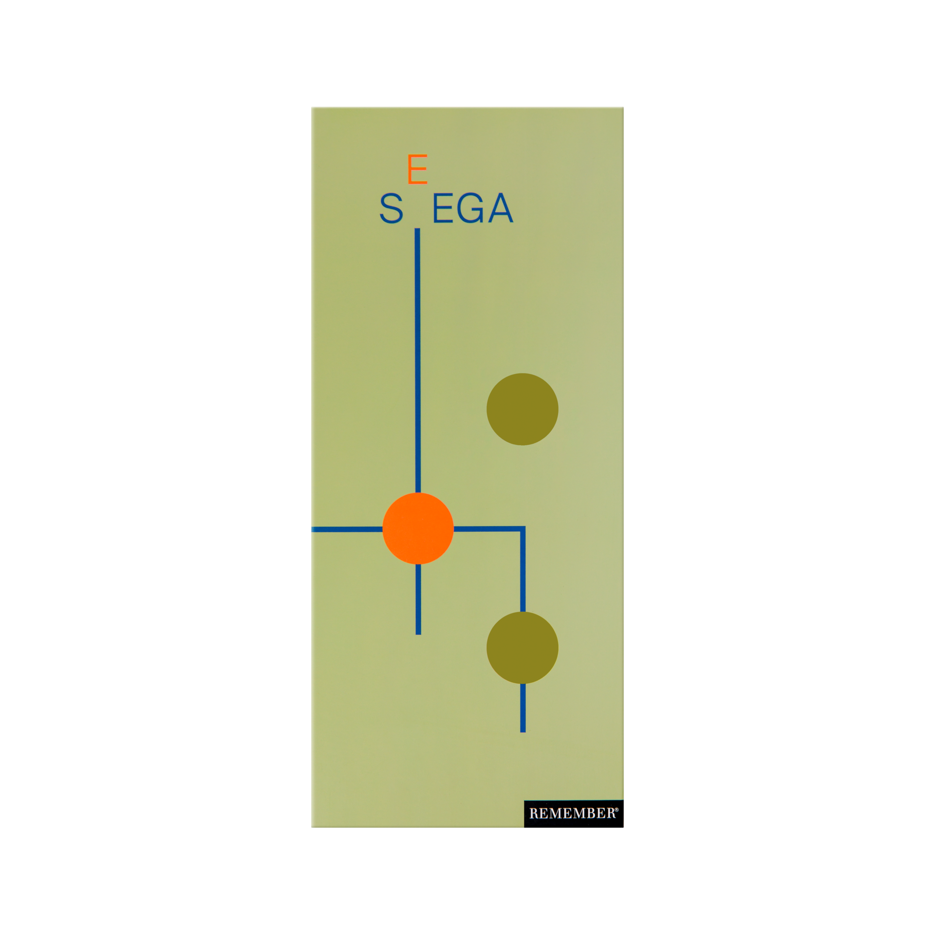 Verpackung des Seega Spiels. Abstraktes Design mit Kreisen, Linien und dem Spielnamen in orange und blau auf hellgrünem Hintergrund.