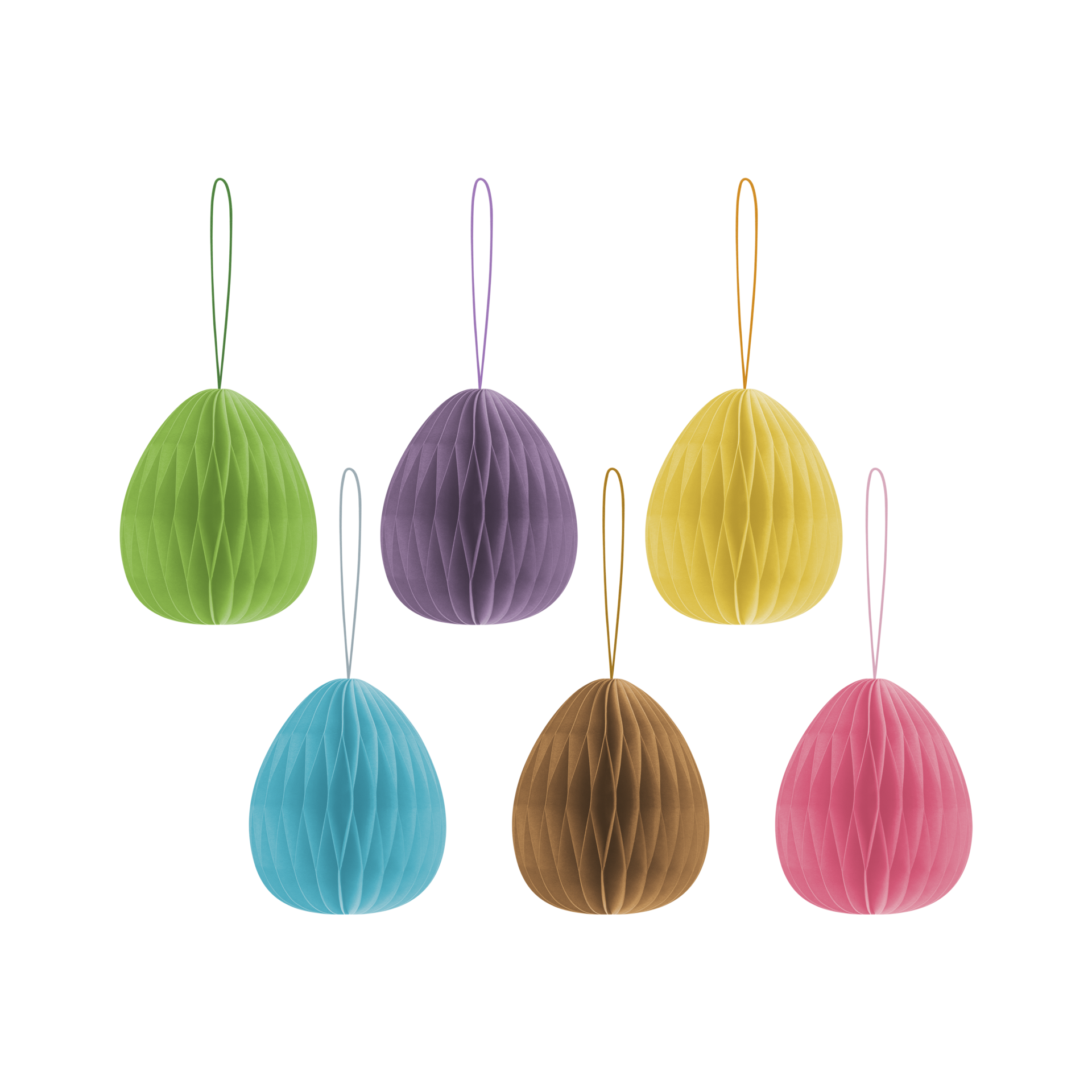 Sechs ovale Baumschmuck Anhänger in den Farben Grün, Lila, Gelb, Blau, Braun und Rosa mit Schlaufen zum Aufhängen.